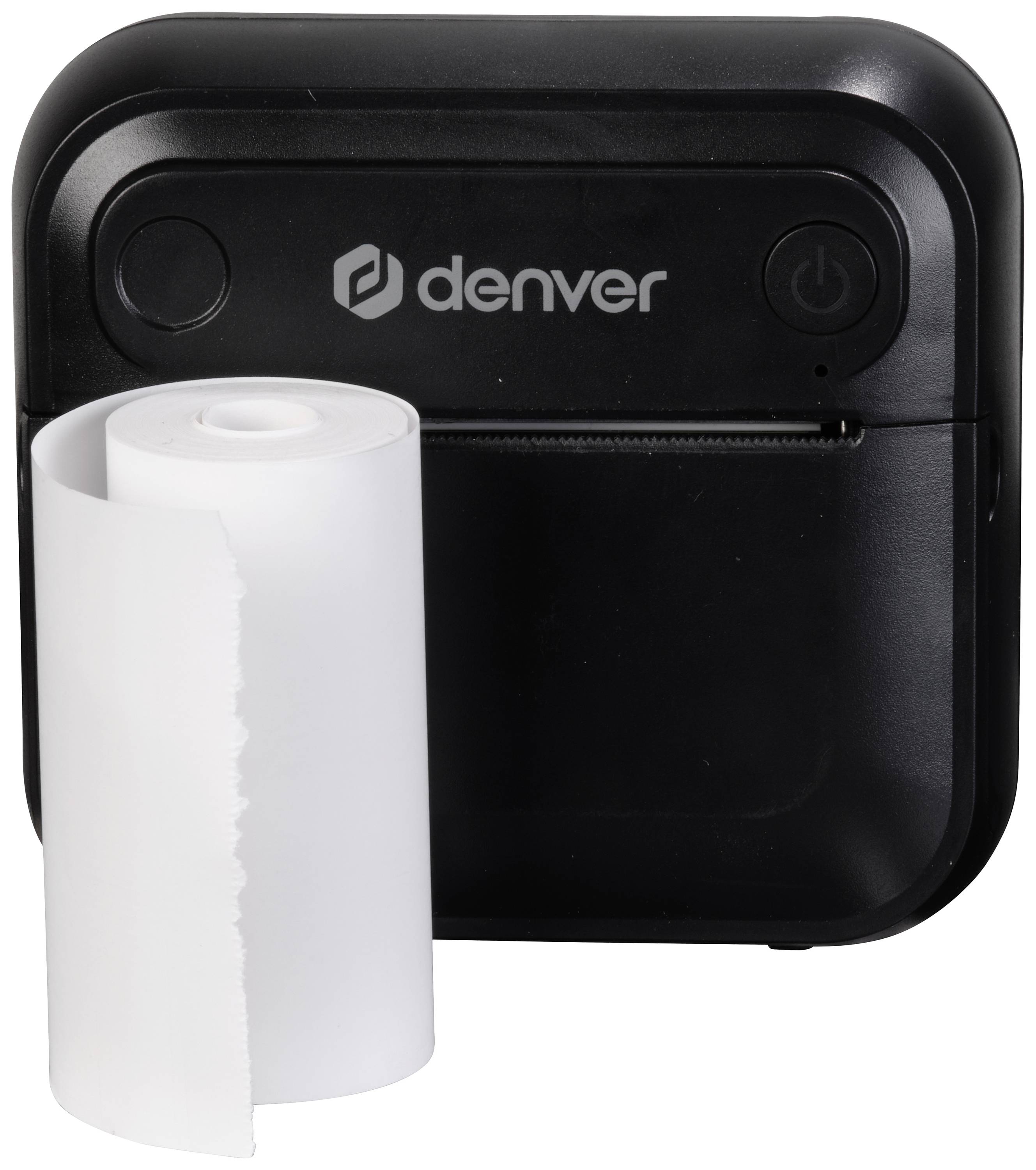 Black portable printer by 'Denver' brand in switched-on state, positioned next to a roll of white thermal paper.