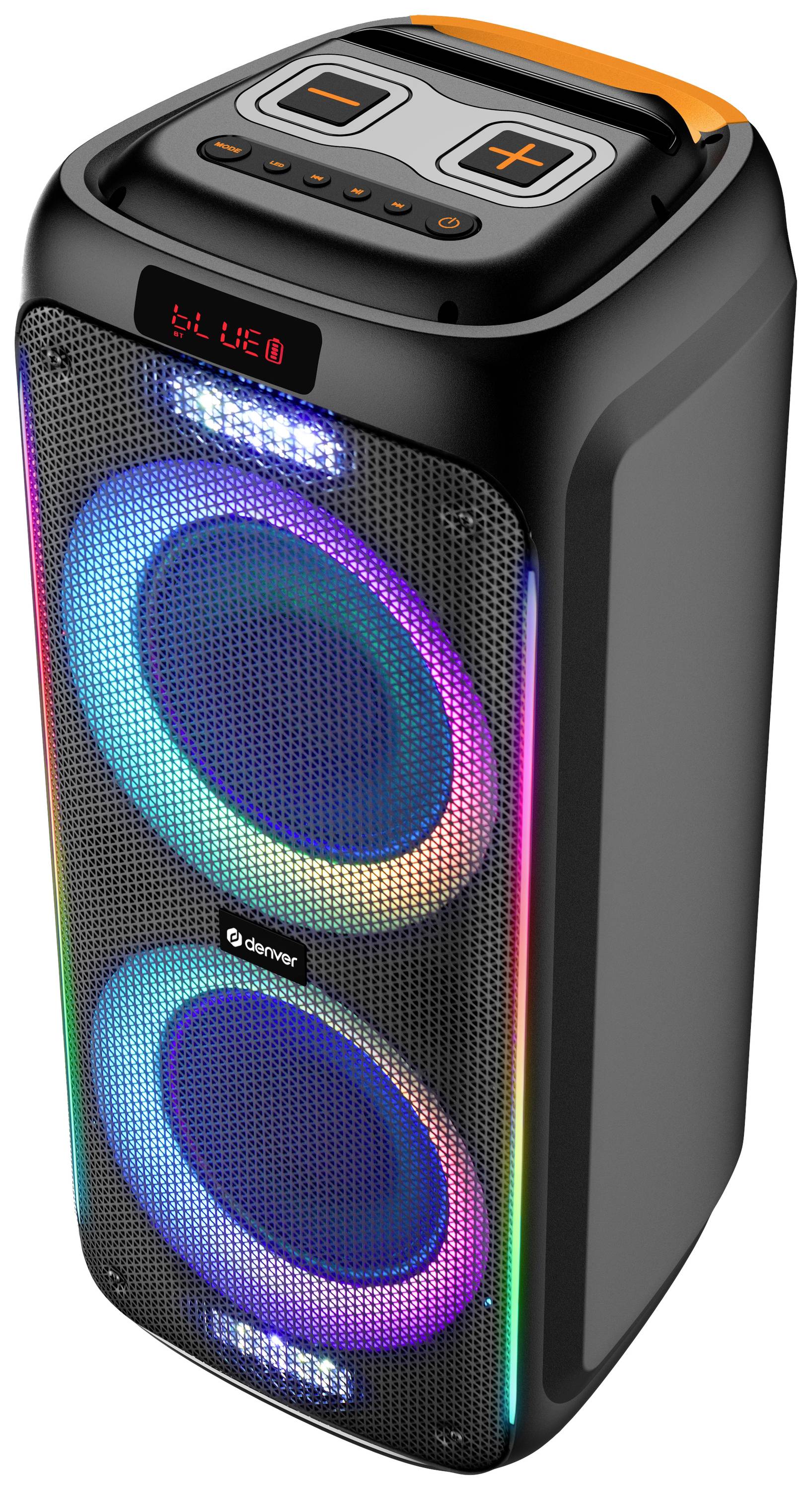 Portable speaker with two illuminated speaker grilles and controls on top. Ideal for parties or outdoor events.