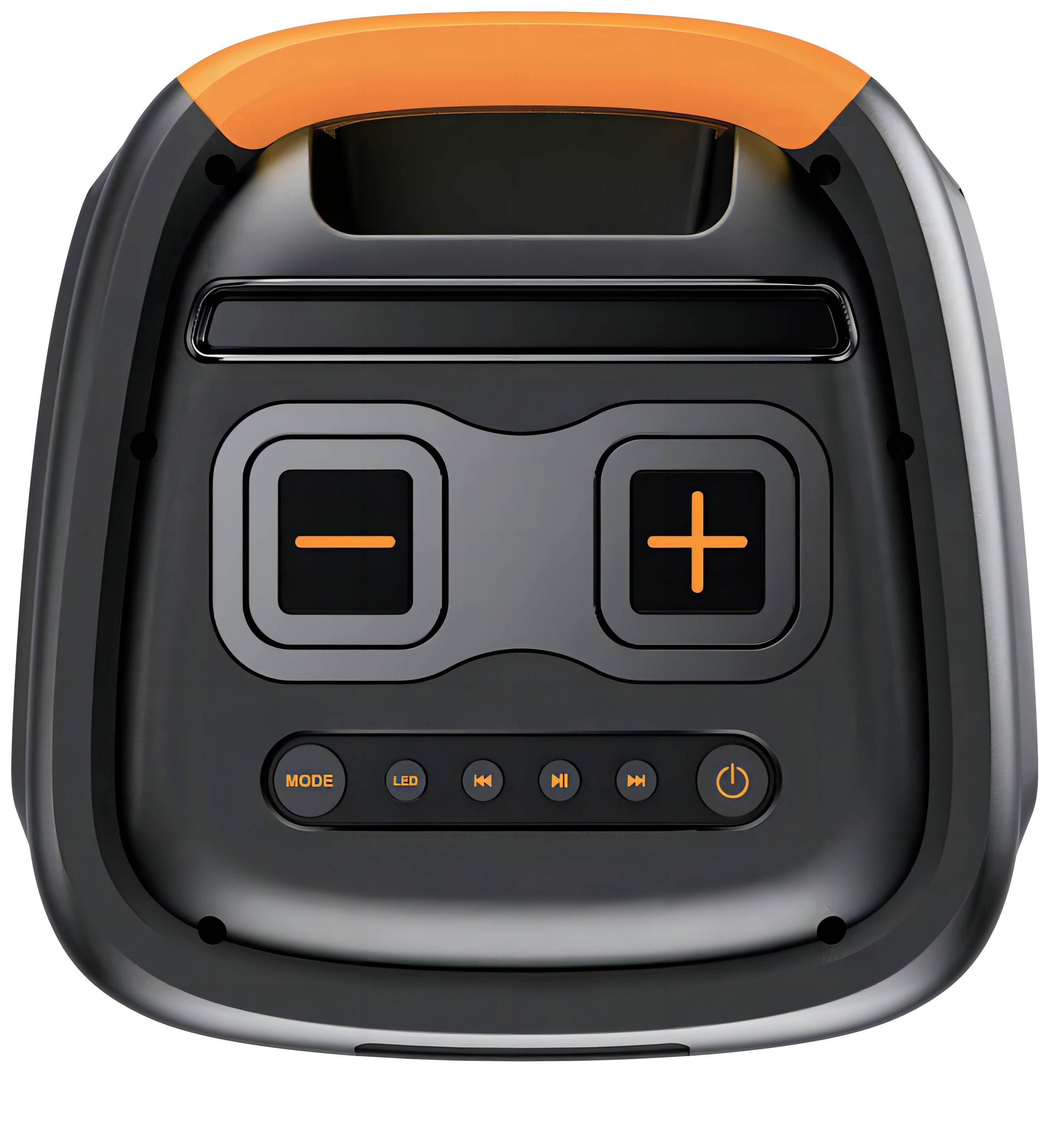 Black portable device with an orange handle, two large '+' and '-' buttons, mode and power buttons, LED display.