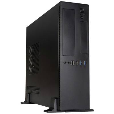 A black desktop PC tower with side USB ports in a vertical case, positioned on a black stand.