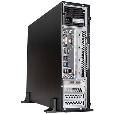 A computer case from the rear shows various connections and ports, including USB, Ethernet, graphics card ports, and power supply.