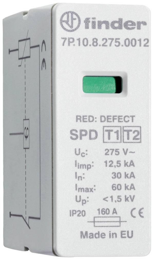 Finder 7P.10.8.275.0012 7P-10-8-275-0012 Surge arrester (plug-in) Surge protection for: Switchboards 20 kA 1 pc(s)