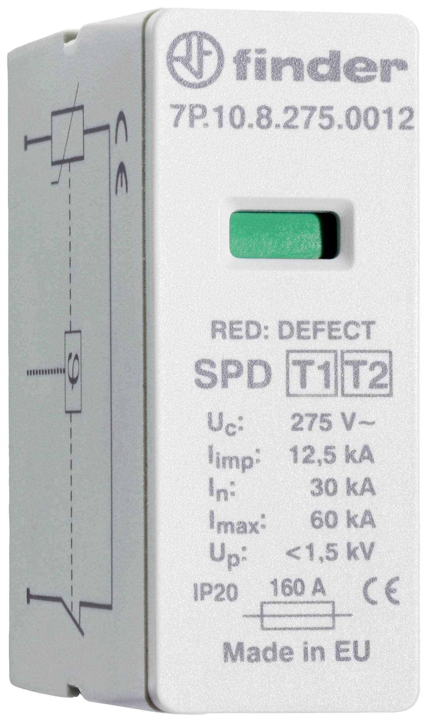 Surge Protection Device with green button and technical specifications such as: Voltage 275 V, Impulse Current 12.5 kA, IP20, Made in EU.