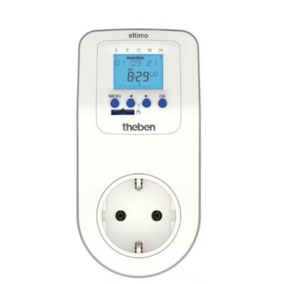 Digital plug-in timer with LCD display, showing time as '8:29'. Control buttons and a logo are visible above the display.