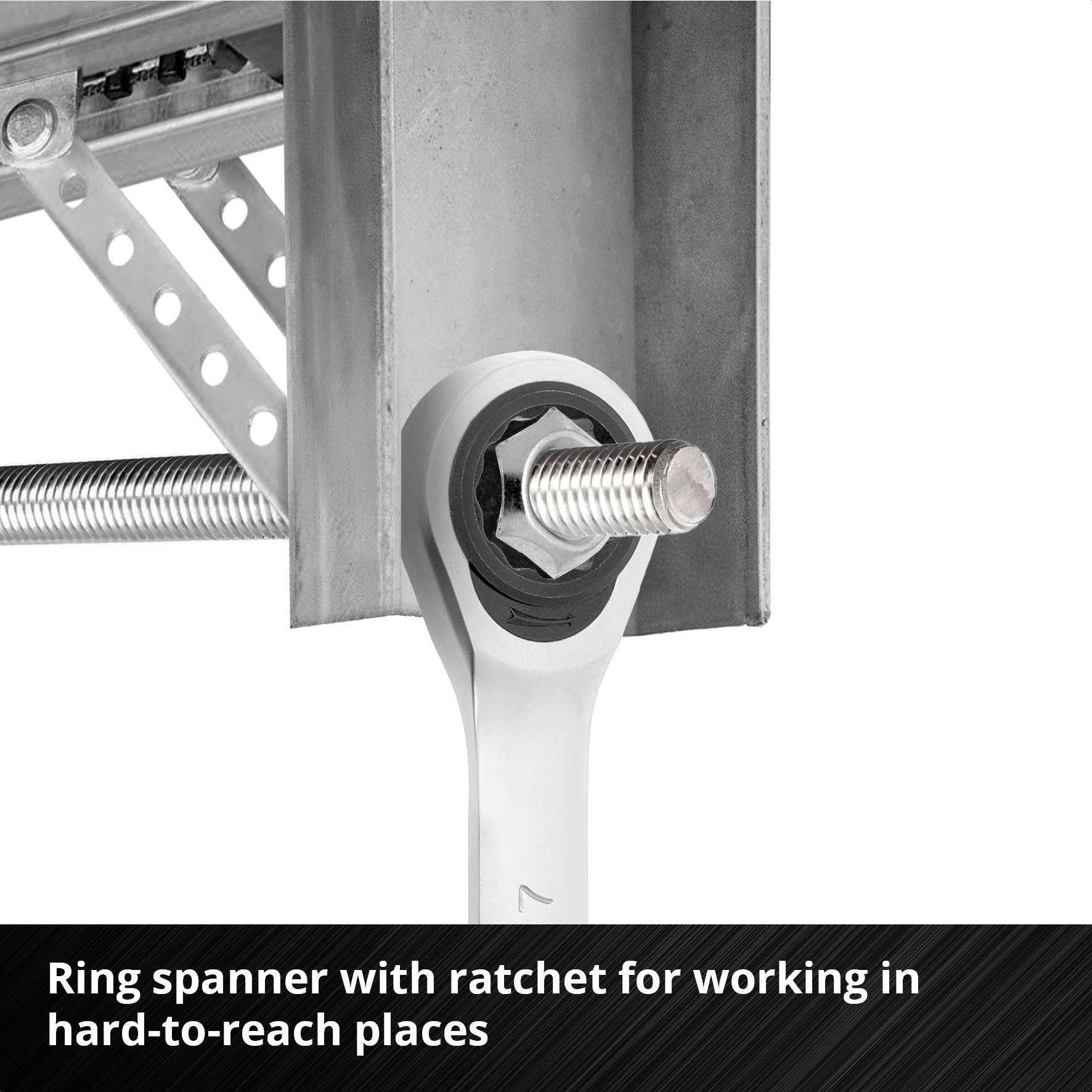 'Close-up of a ratchet spanner secured to a metal structure, designed for work in hard-to-reach areas.'