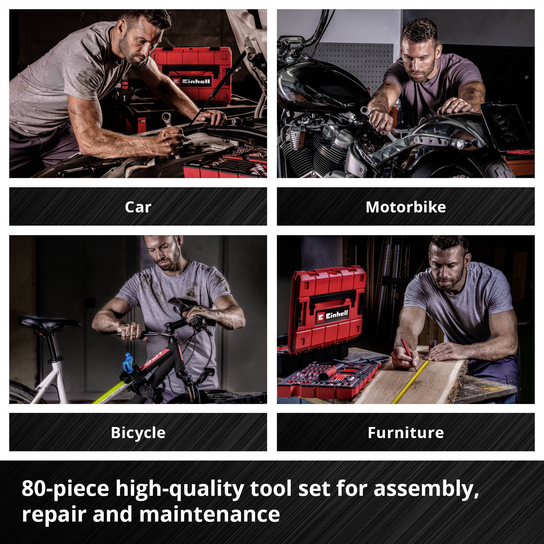 'Four images show a man maintaining and repairing a car, motorcycle, bicycle, and furniture using a tool set by Einhell.'
