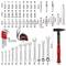 'Set of various tools: screwdriver heads, socket wrenches, spanners, adjustable wrenches, tape measure, hammer.'