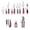 'A set of various tools including screwdrivers, ratchet, craft knife, pliers and water pump pliers with length specifications.'