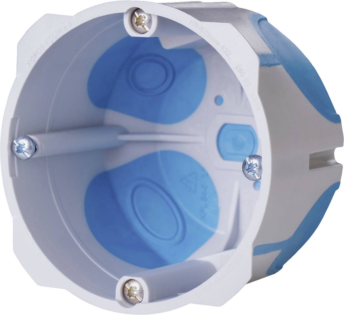 Round plastic hollow wall socket with blue and white surface, three fixing screws visible inside.
