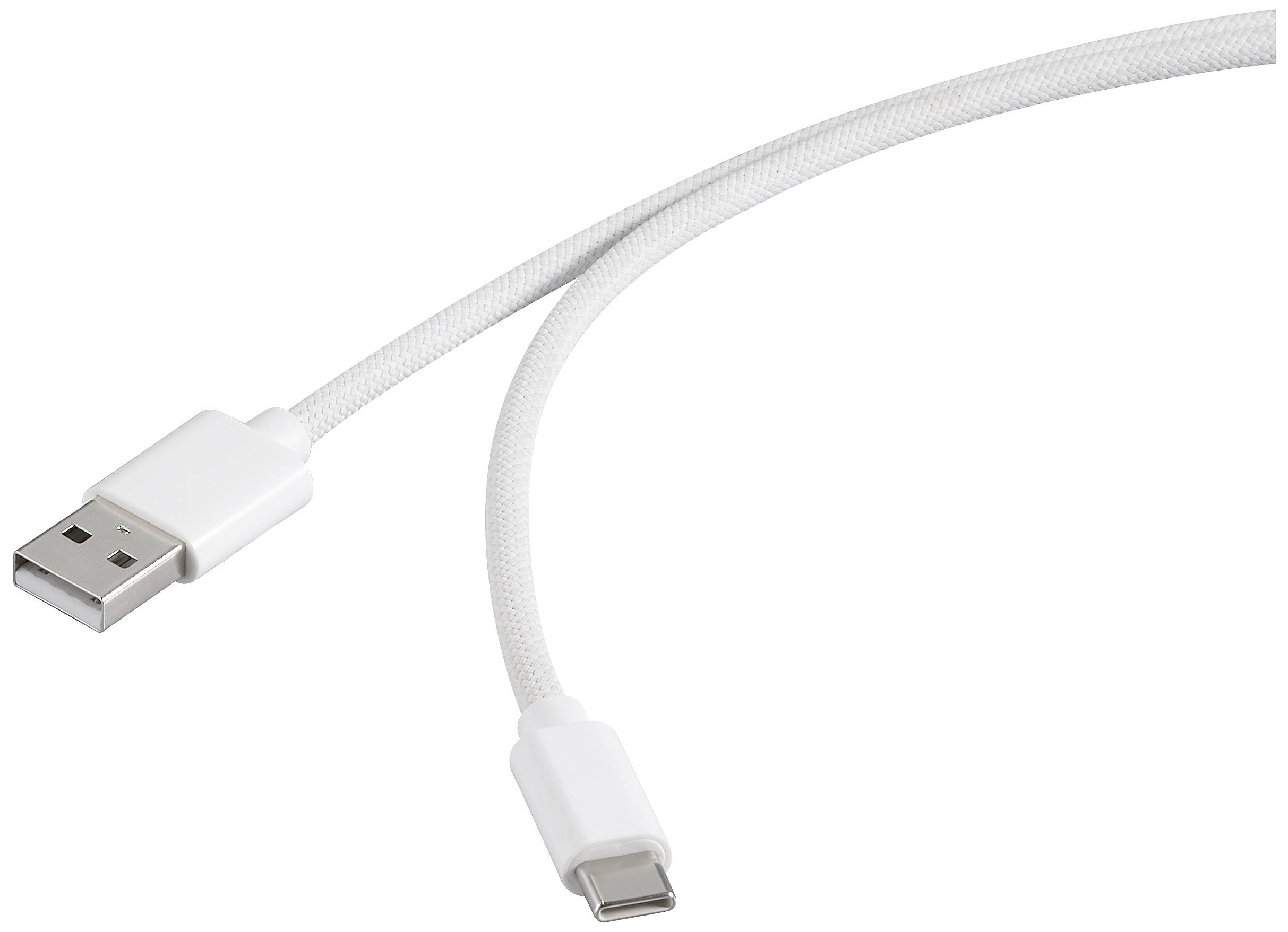 A white USB cable with a USB-A plug on one side and a USB-C plug on the other, lies on a white background.