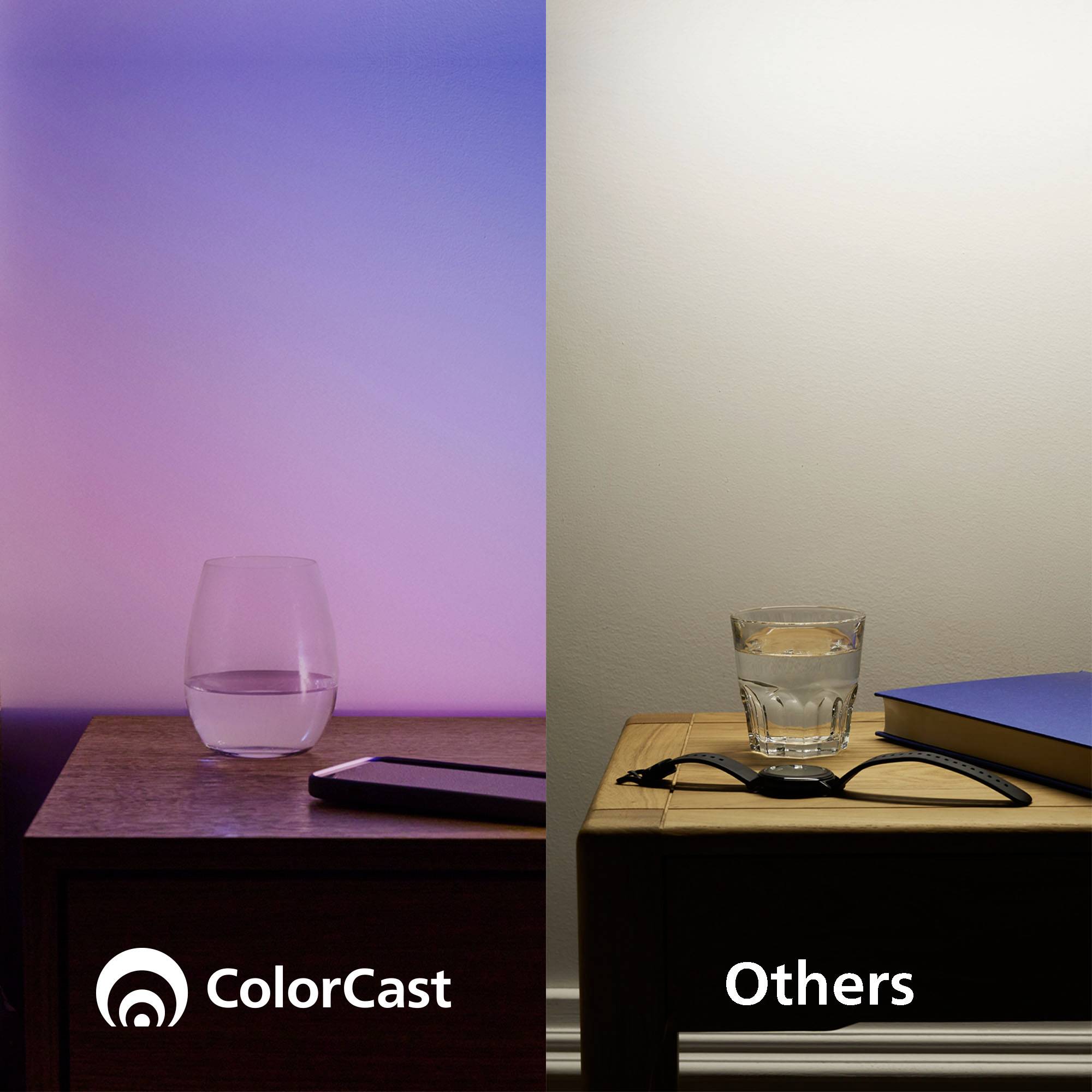 Two bedside tables compared. Left: 'ColorCast' with pink light, glass of water, book. Right: 'Others' with white light, water, book.
