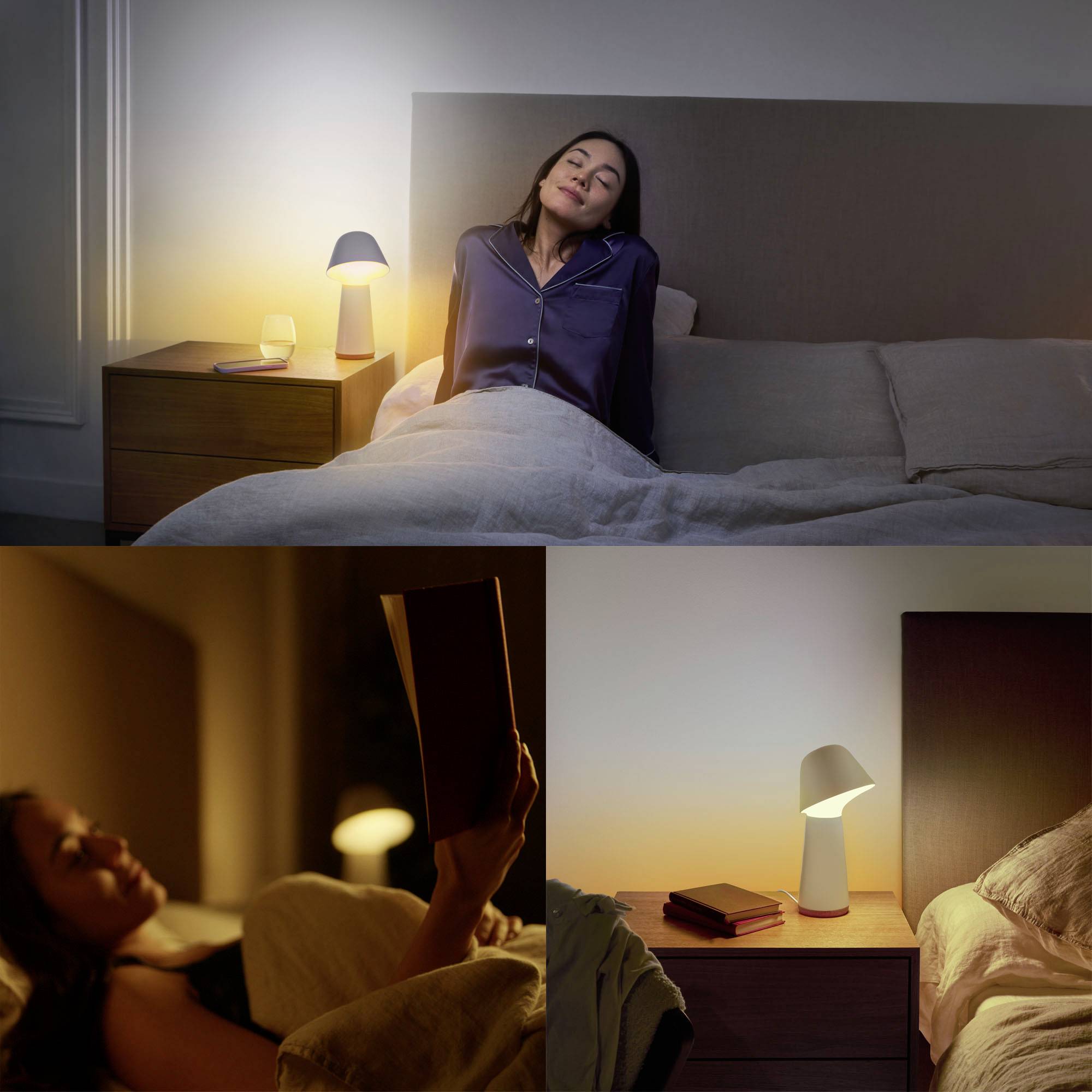 A woman relaxes in bed, with a bedside lamp and book on the bedside table. The bedroom displays a calming, warm lighting atmosphere conducive to relaxation.