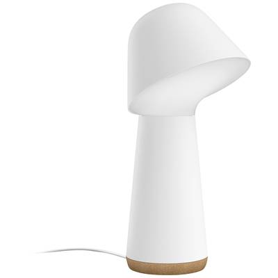 White, modern table lamp with a curved shade and wooden base on a white background.