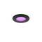 A round, black ceiling light with violet illumination.