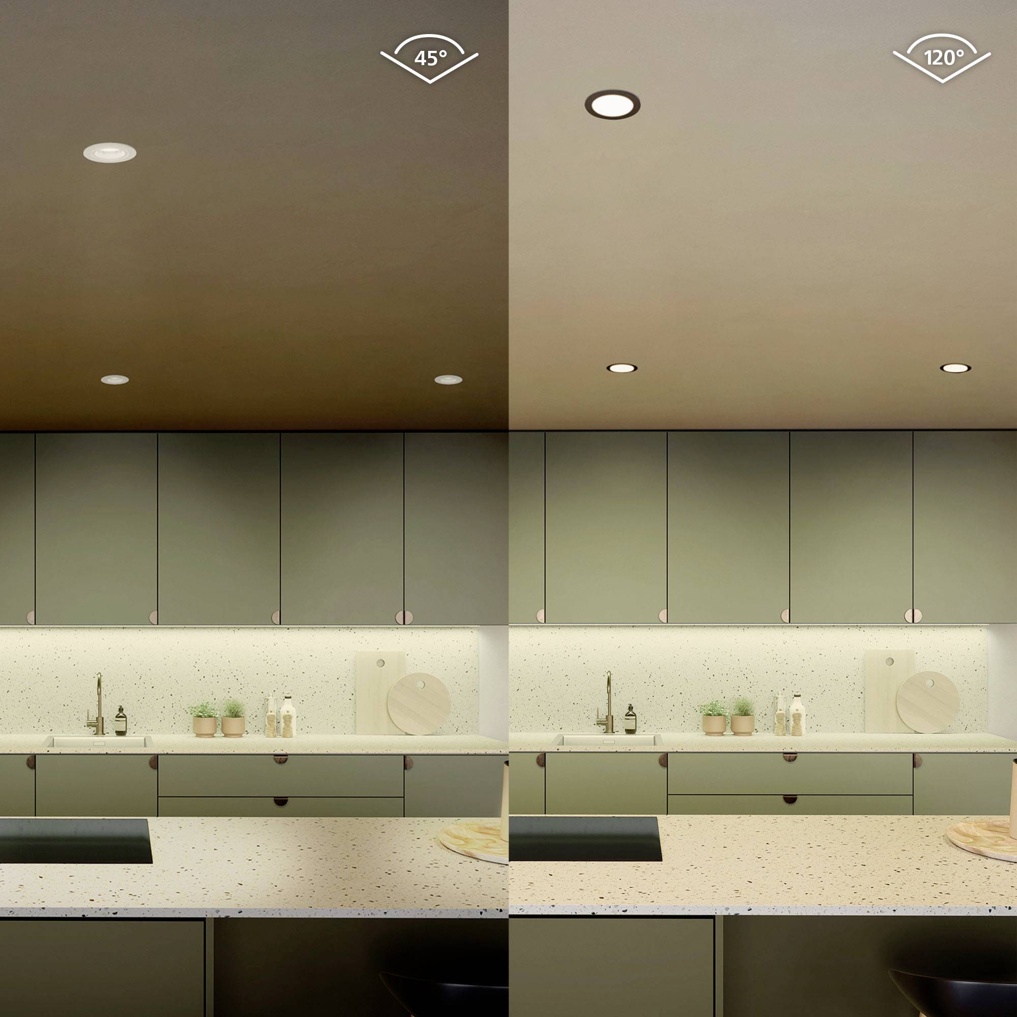 'Two kitchen lighting angles: Left 45°, directional light with shadows; Right 120°, wider coverage, uniform illumination.'