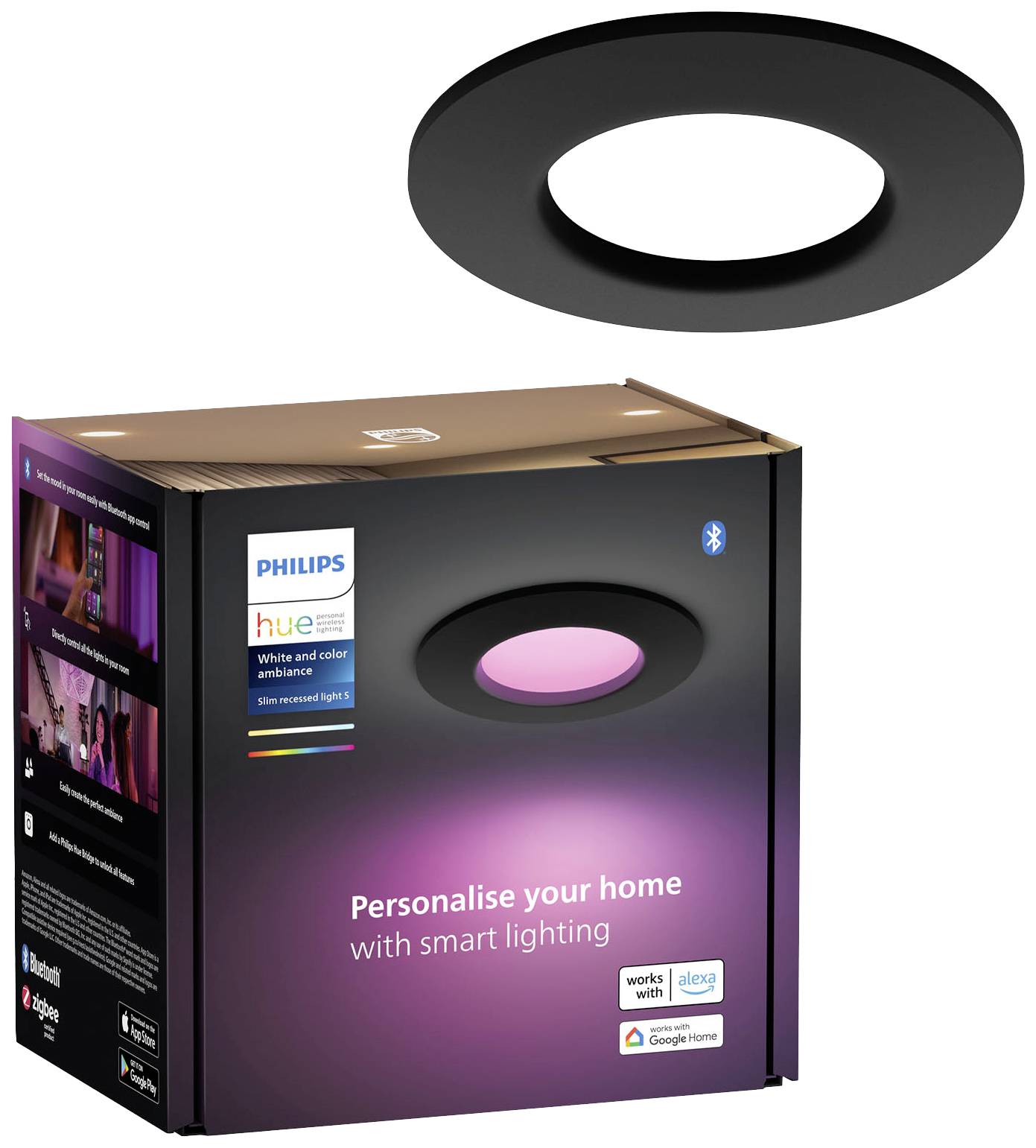 Philips Hue White and Color Ambiance LED Ceiling Light in Black, in Original Packaging. Text on packaging: 'Personalise your home with smart lighting'.