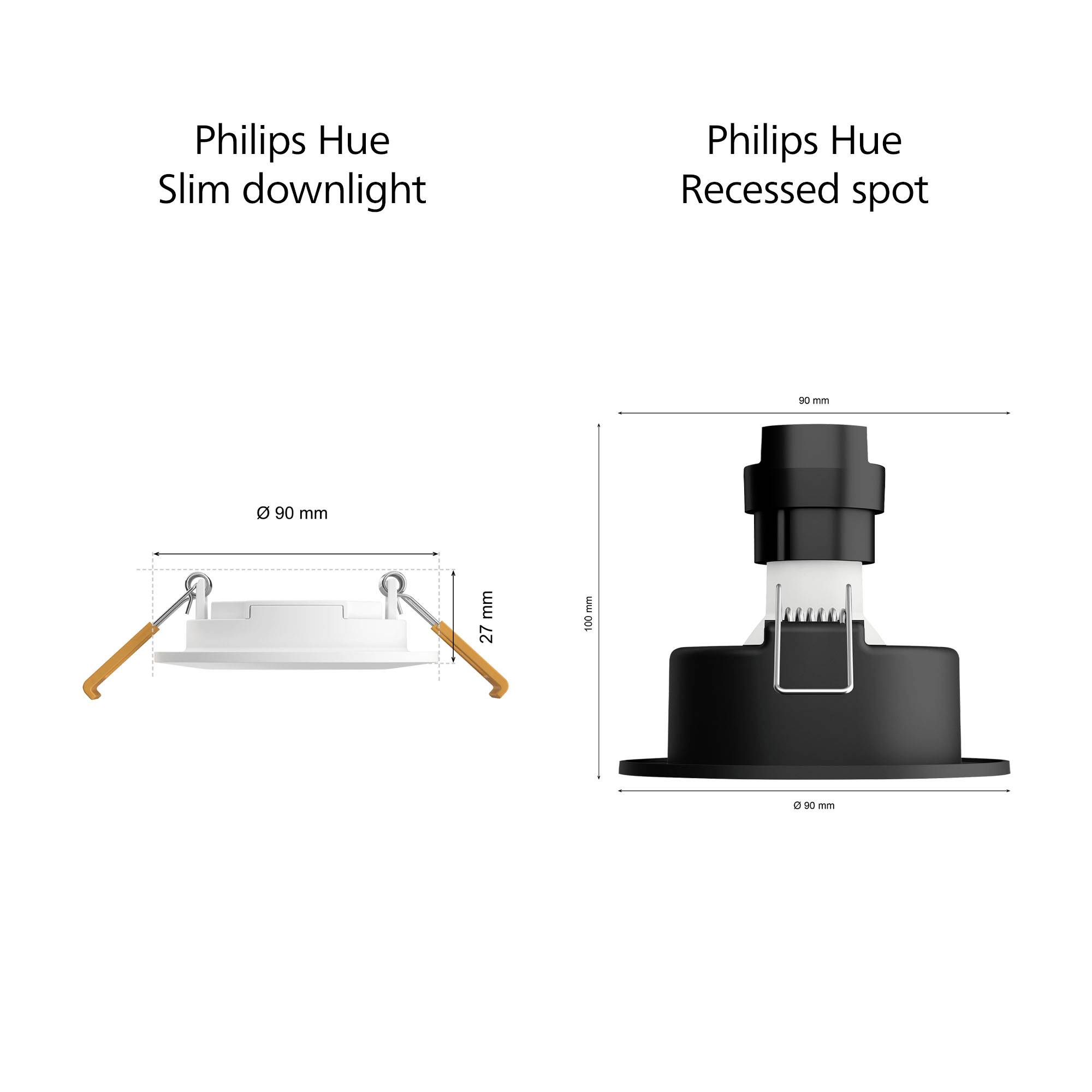 'Philips Hue Slim Downlight' and 'Philips Hue Recessed Spot'. Diagram shows dimensions: Downlight 90 mm ø, 27 mm height, Spot 90 mm width, 110 mm height.