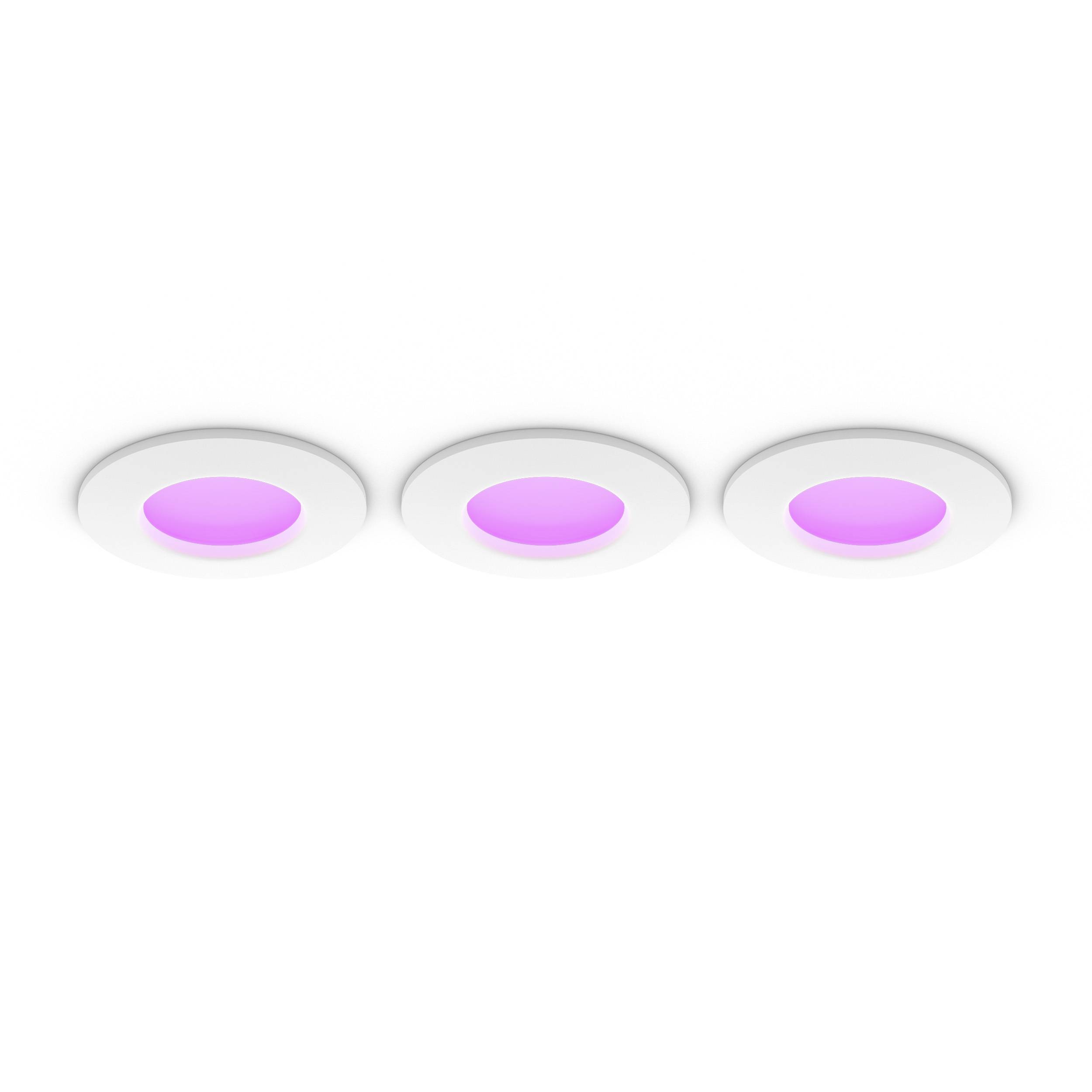 Three white, round recessed ceiling lights glow in a soft lilac.