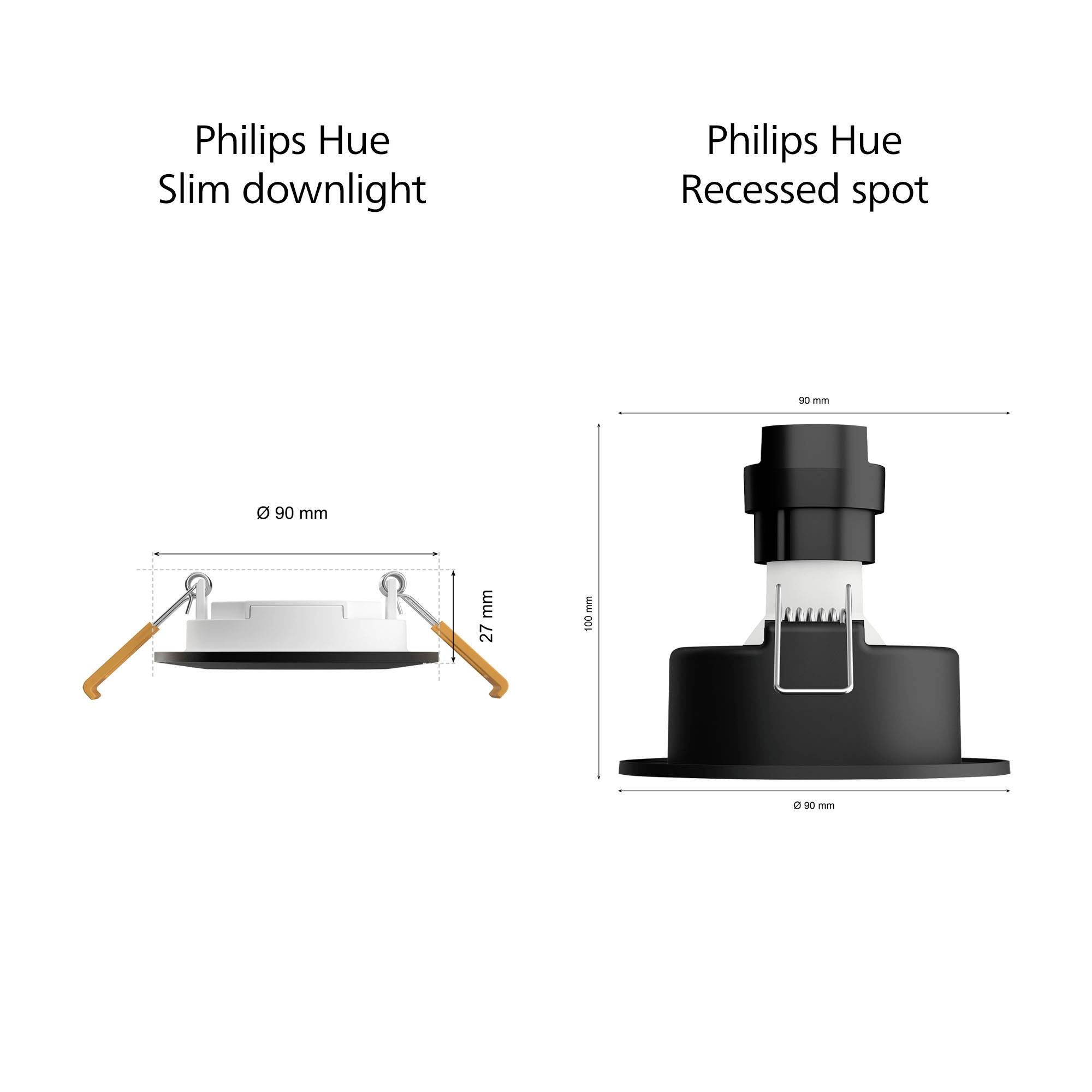 'Philips Hue Slim Downlight' shows a 90 mm round, 27 mm deep light on the left. On the right, 'Philips Hue Recessed Spot', also 90 mm.