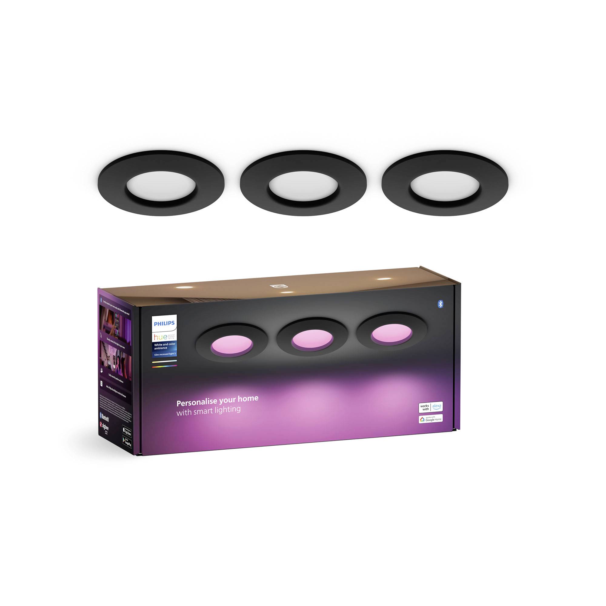 'Philips Hue Slim Downlight' in packaging, with three round, black lights. Text on packaging: 'Personalise your home with smart lighting.'<br><br>(Note: In British English, the spelling of "personalise" with an "s" is preferred over the American "personalize".)
