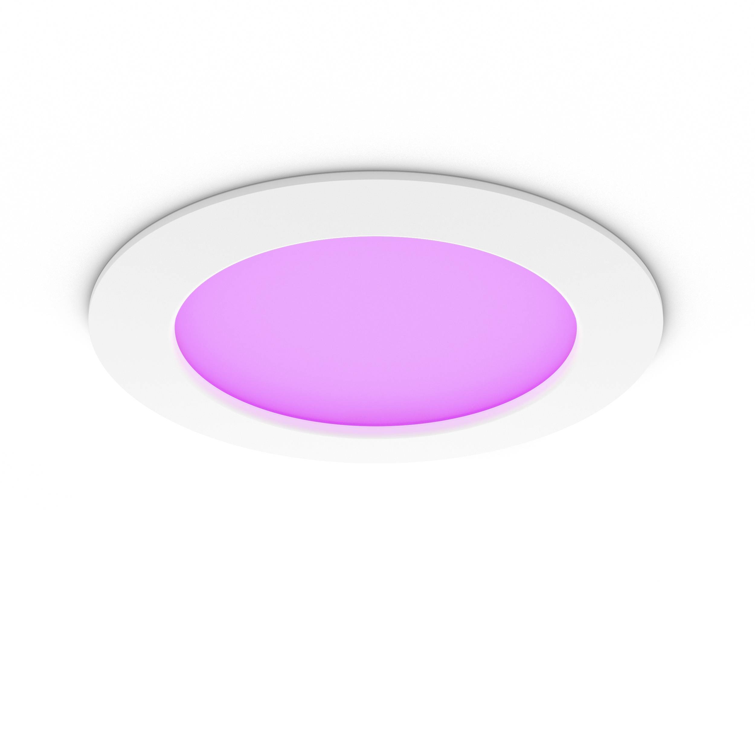 A round, white ceiling light with a pink-coloured light in the centre.