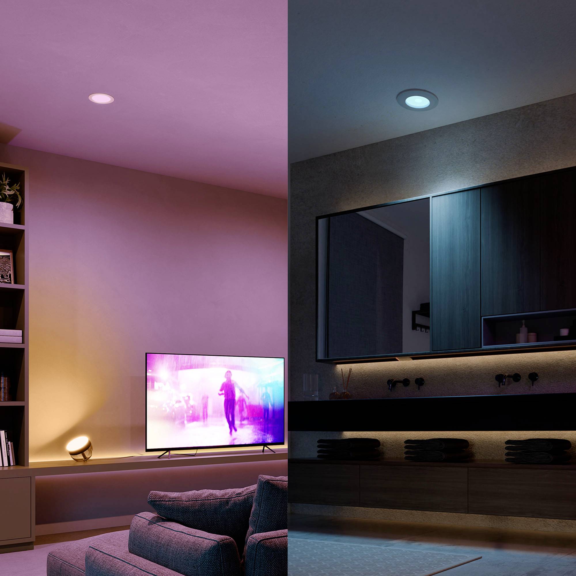 'Two rooms side by side: On the left, a living room with a sofa, TV and purple lighting; on the right, a bathroom with a sink and blue lighting.'