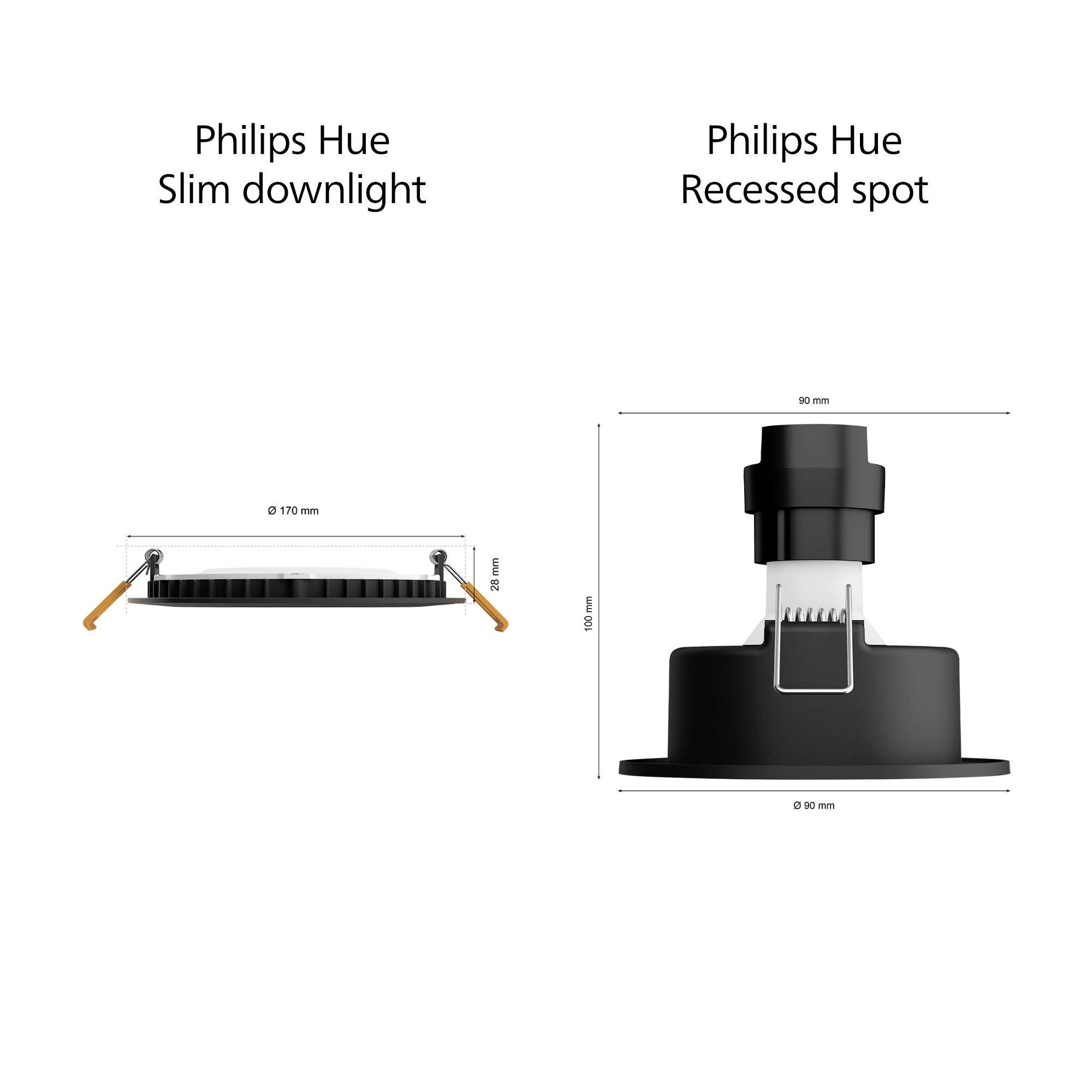 'Philips Hue Slim Downlight': a flat, round light fixture with a 170 mm diameter. 'Philips Hue Recessed Spot': a cylindrical, recessed spot with a 90 mm diameter.