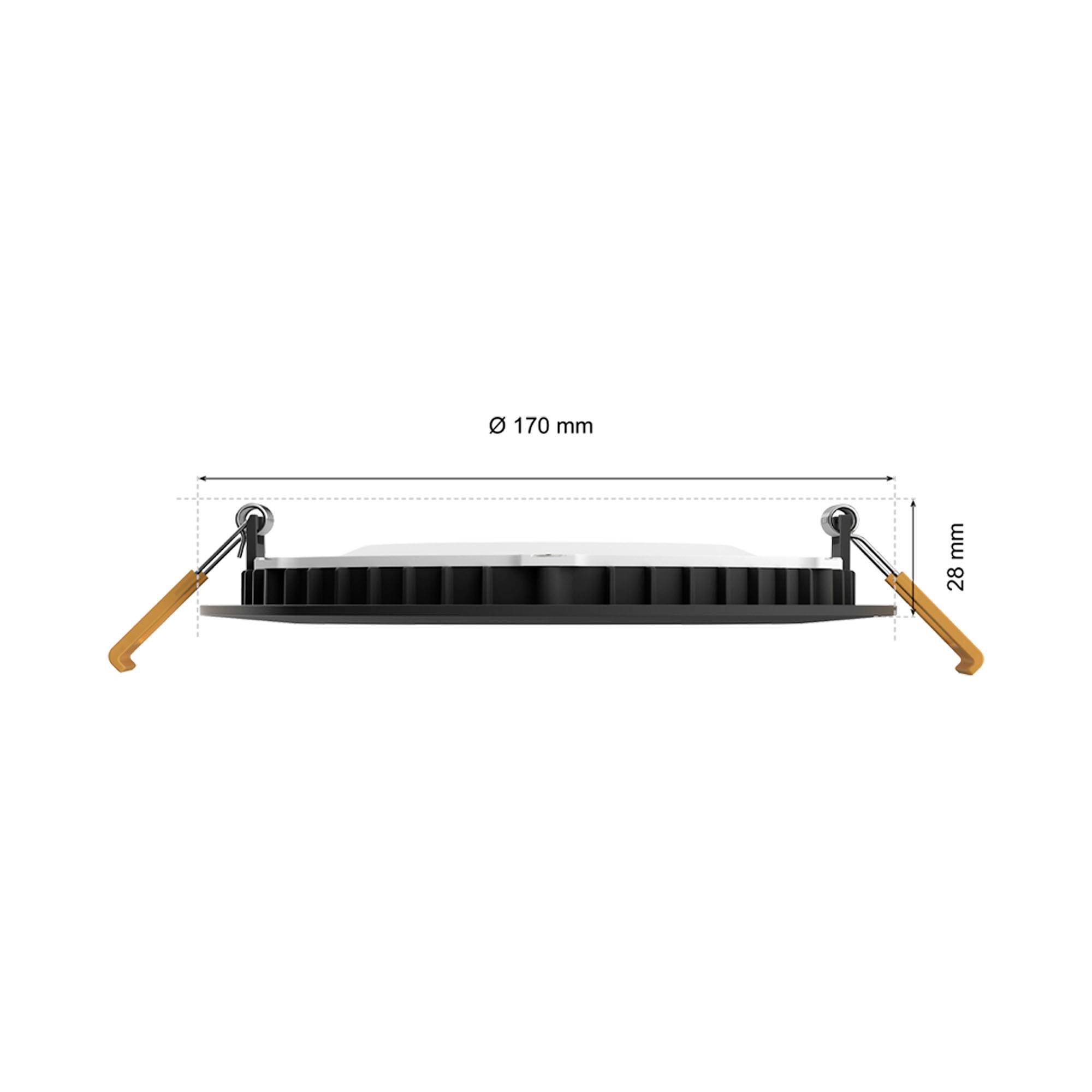 Round LED light in cross-section, diameter 170 mm, height 28 mm, with side mounting clips in the profile.