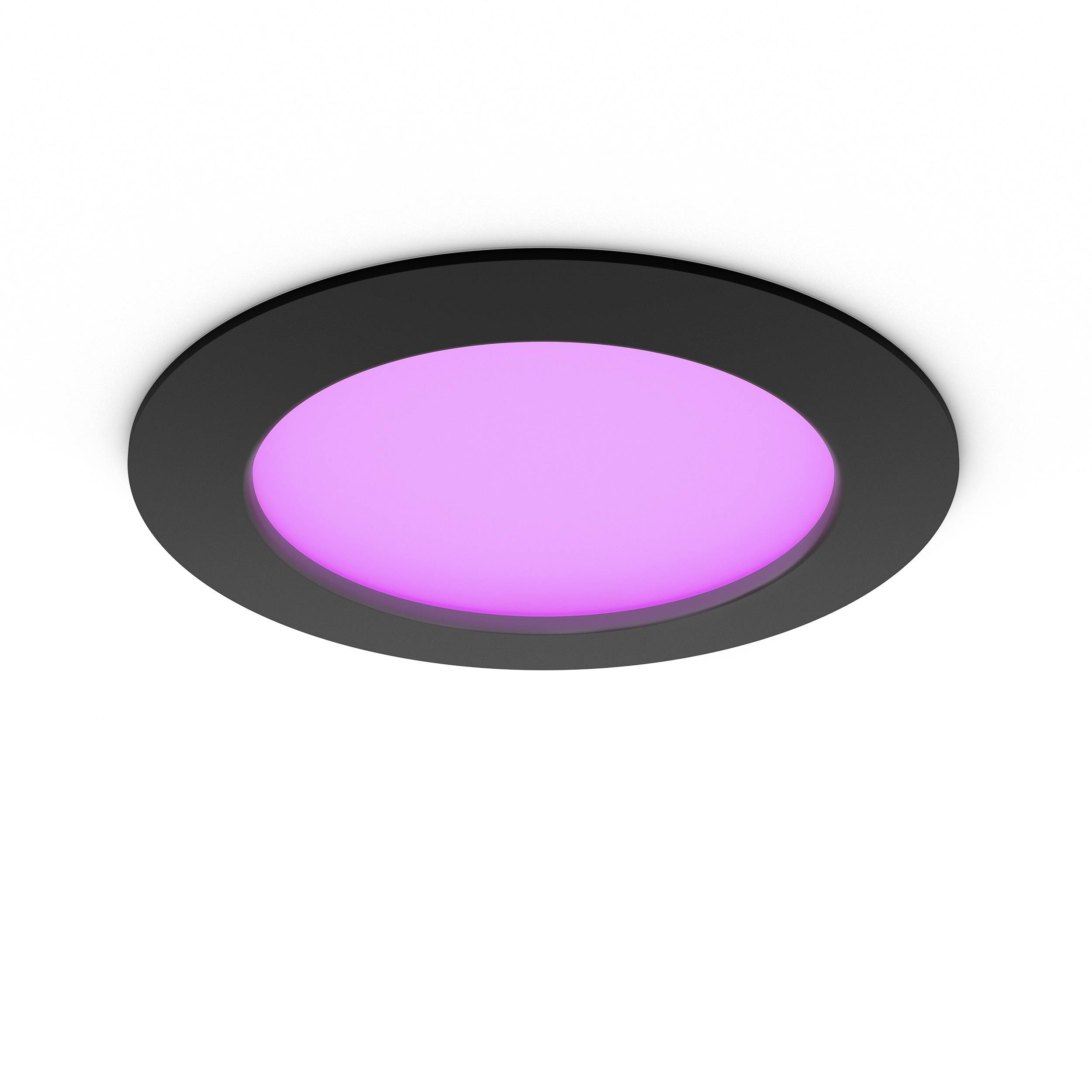 Round LED ceiling light with a black frame and glowing pink illumination, suitable for modern interiors.