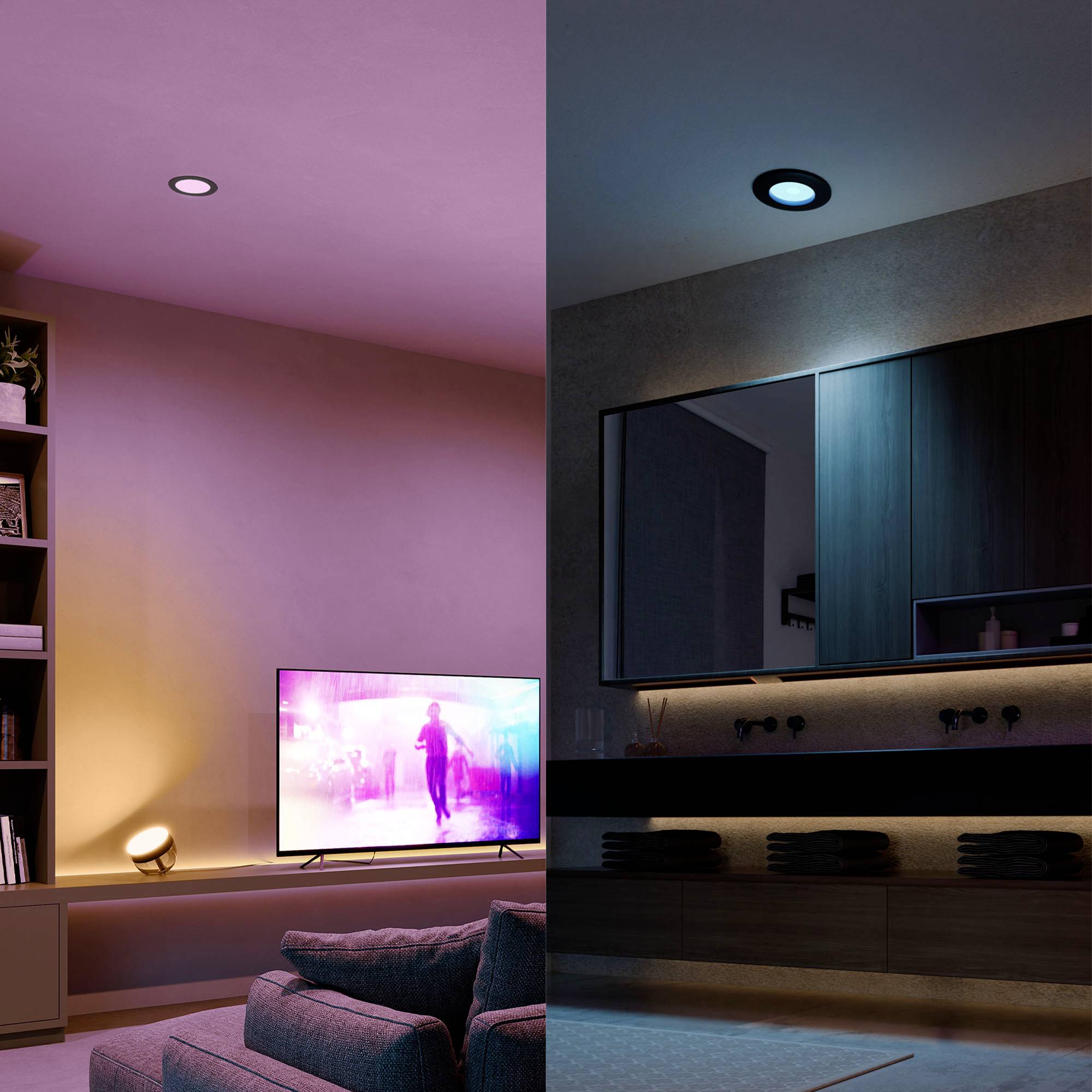 A living room and bathroom, both with different lighting: the living room has warm light, the bathroom cool light.