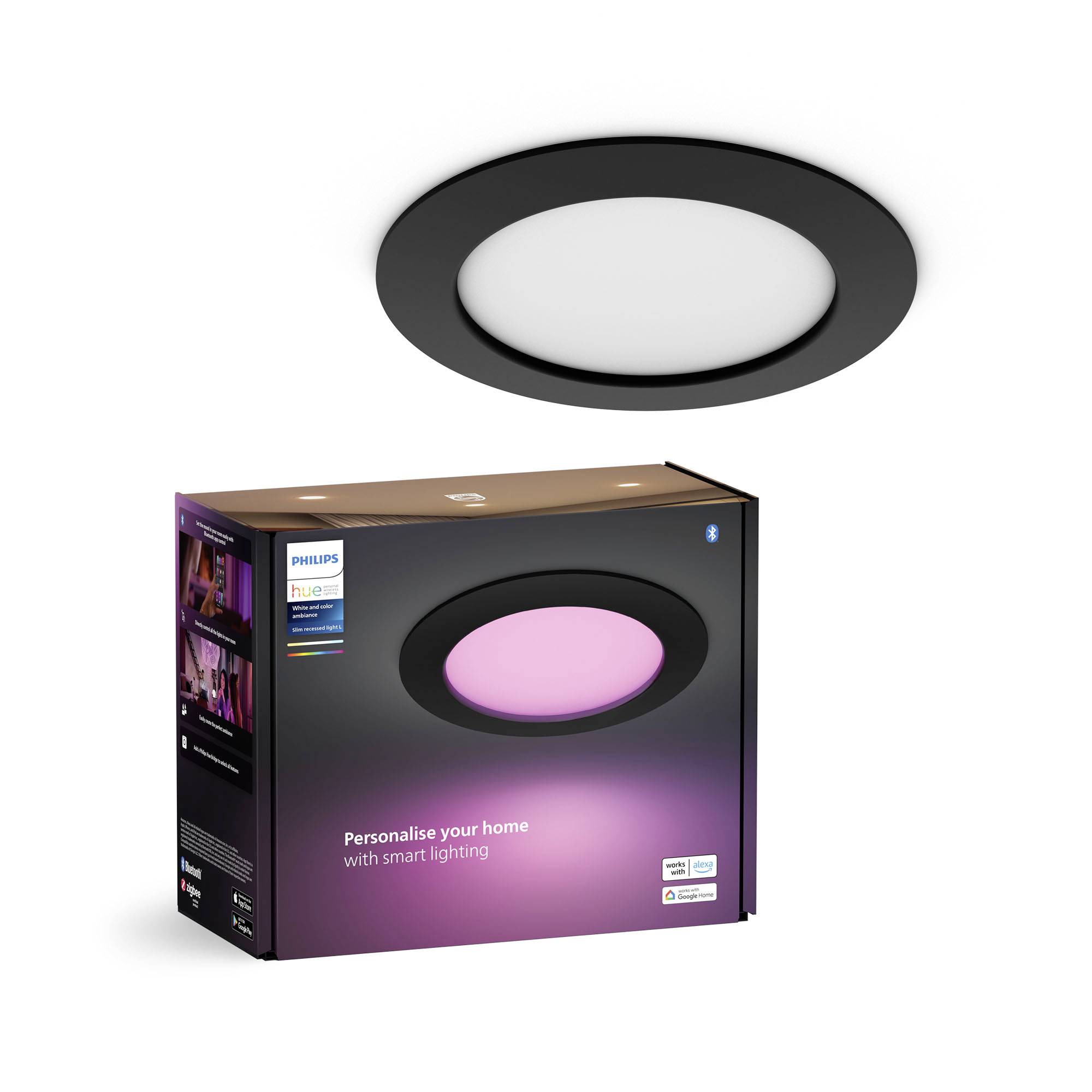 A Philips Hue ceiling light with a black border. The packaging displays the light in various colour temperatures.
