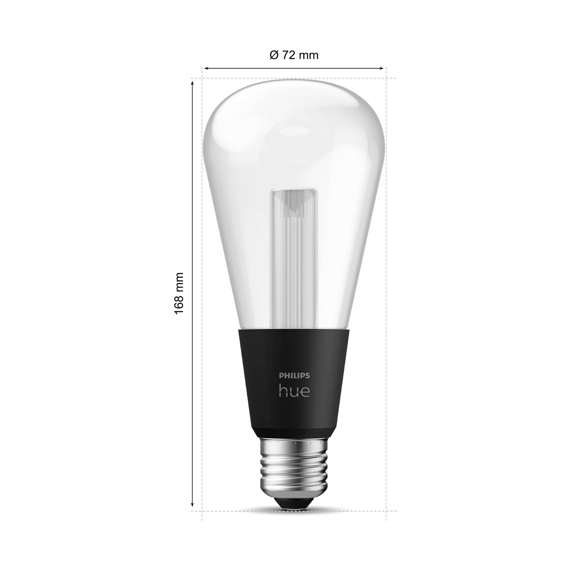 A transparent light bulb with a black base, labelled as 'Philips Hue'. Dimensions: height 168 mm, top diameter 72 mm.