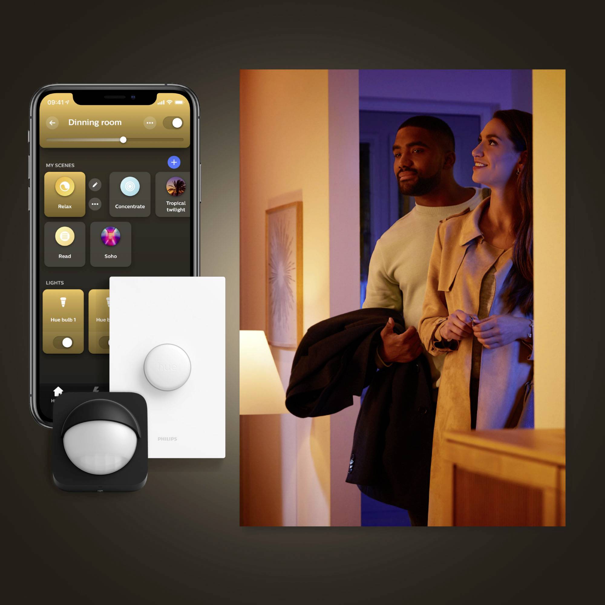 Smartphone home control app, next to a light switch. In the background, two people are entering a room.
