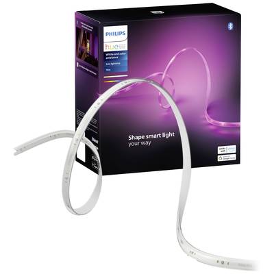 Philips Hue LED Light Strip packaging, showing a flexible, illuminating band in pink tones. Features: Bluetooth, compatible with common smart home systems.