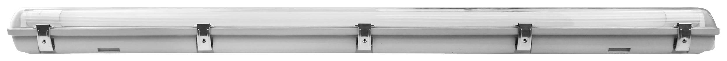 Long, narrow, grey lamp shade with metal clips.