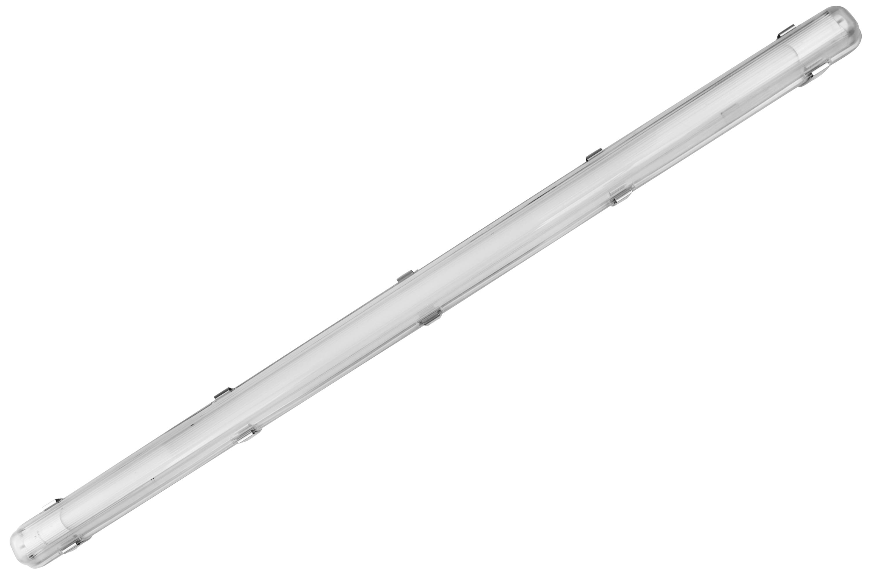 A long, slender LED fluorescent tube with a silver frame positioned diagonally on a white background.