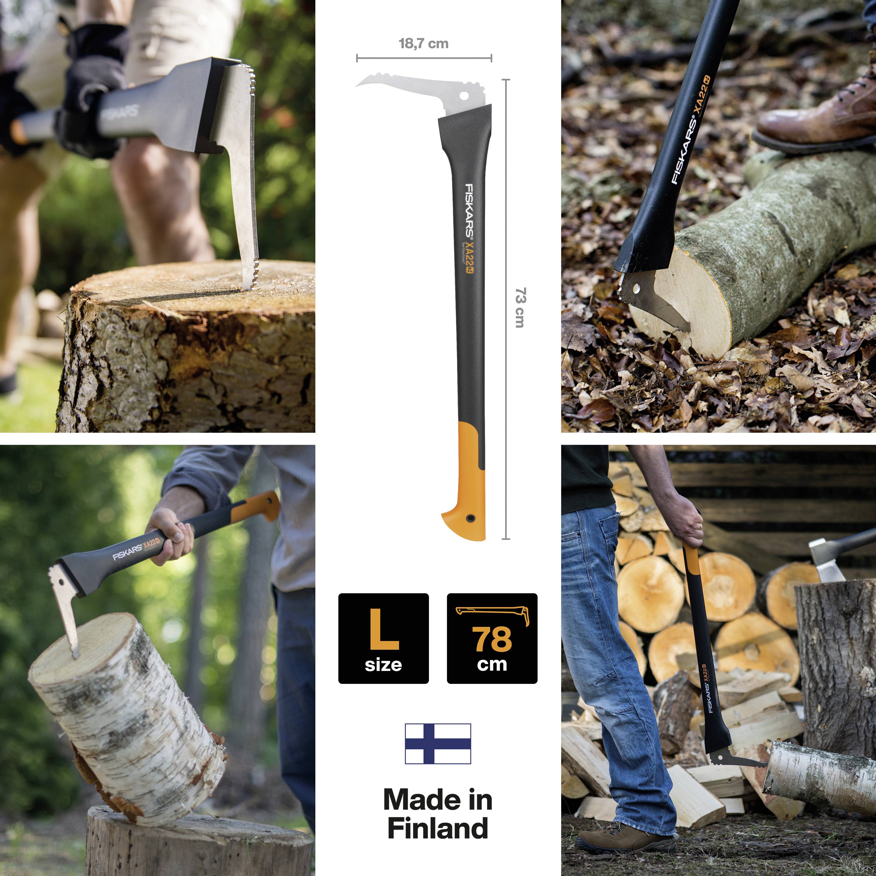 Man chops wood log with an axe. Close-up of an axe in wood. Axe specifications in the centre: Total length 78 cm, blade 18.7 cm.