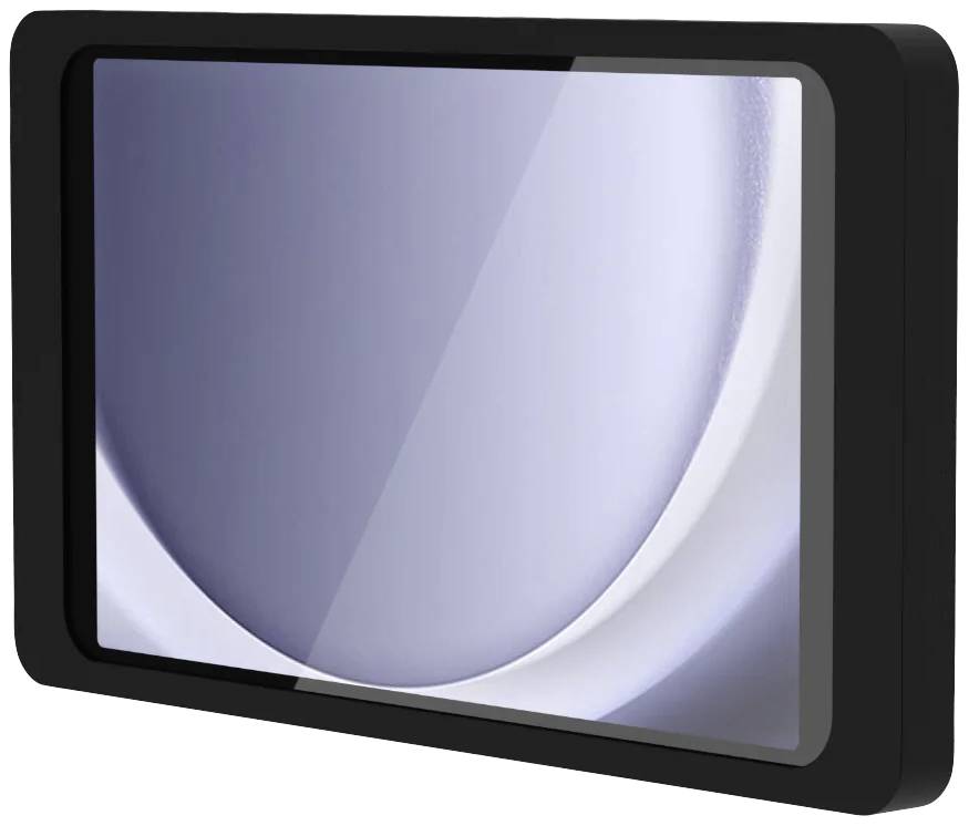 A modern, black digital photo frame is shown diagonally against an abstract silver-turquoise background.