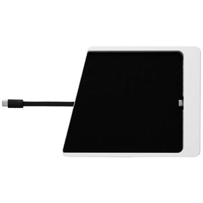 A black, rectangular device with a USB cable protruding from the left side. It is situated on a white surface.
