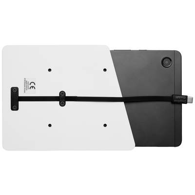 A tablet with a black back is partially obscured by a white cover with a fastening strap.
