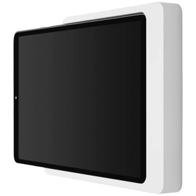 A modern, rectangular tablet with a black screen, mounted sideways on a white wall. No visible content on the screen.