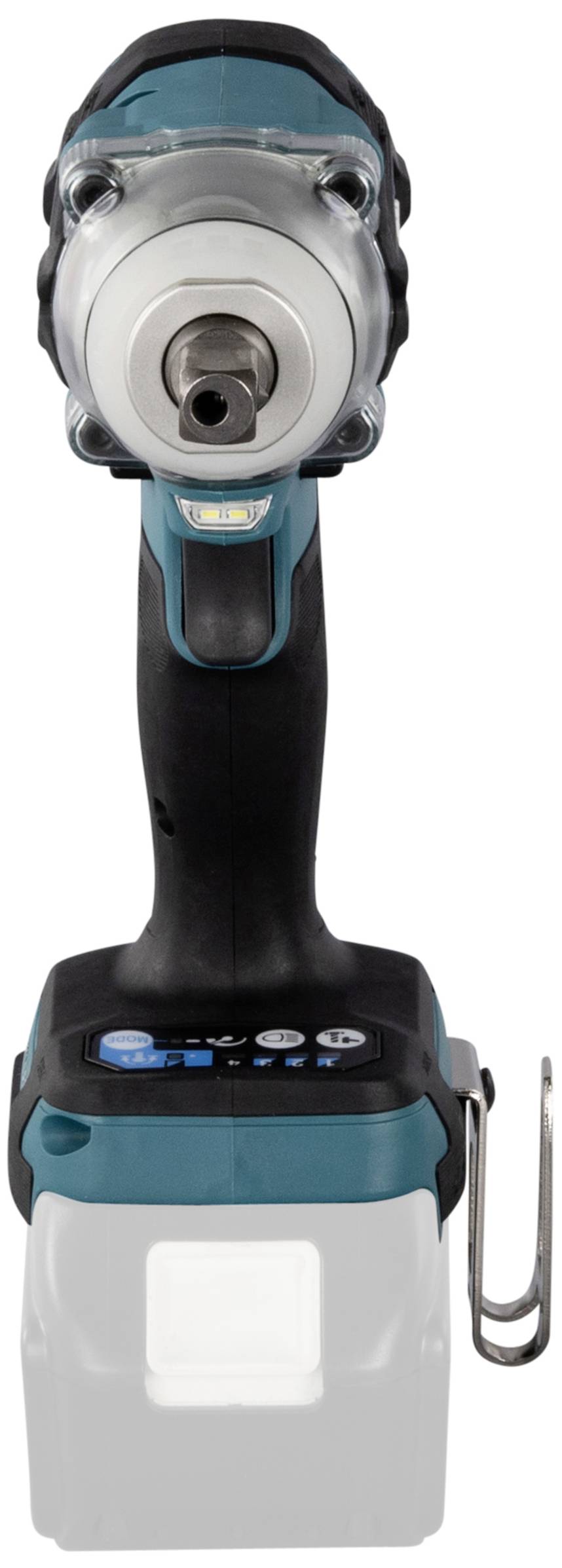 A cordless electric screwdriver with a blue-black casing and holder, shown from the front.