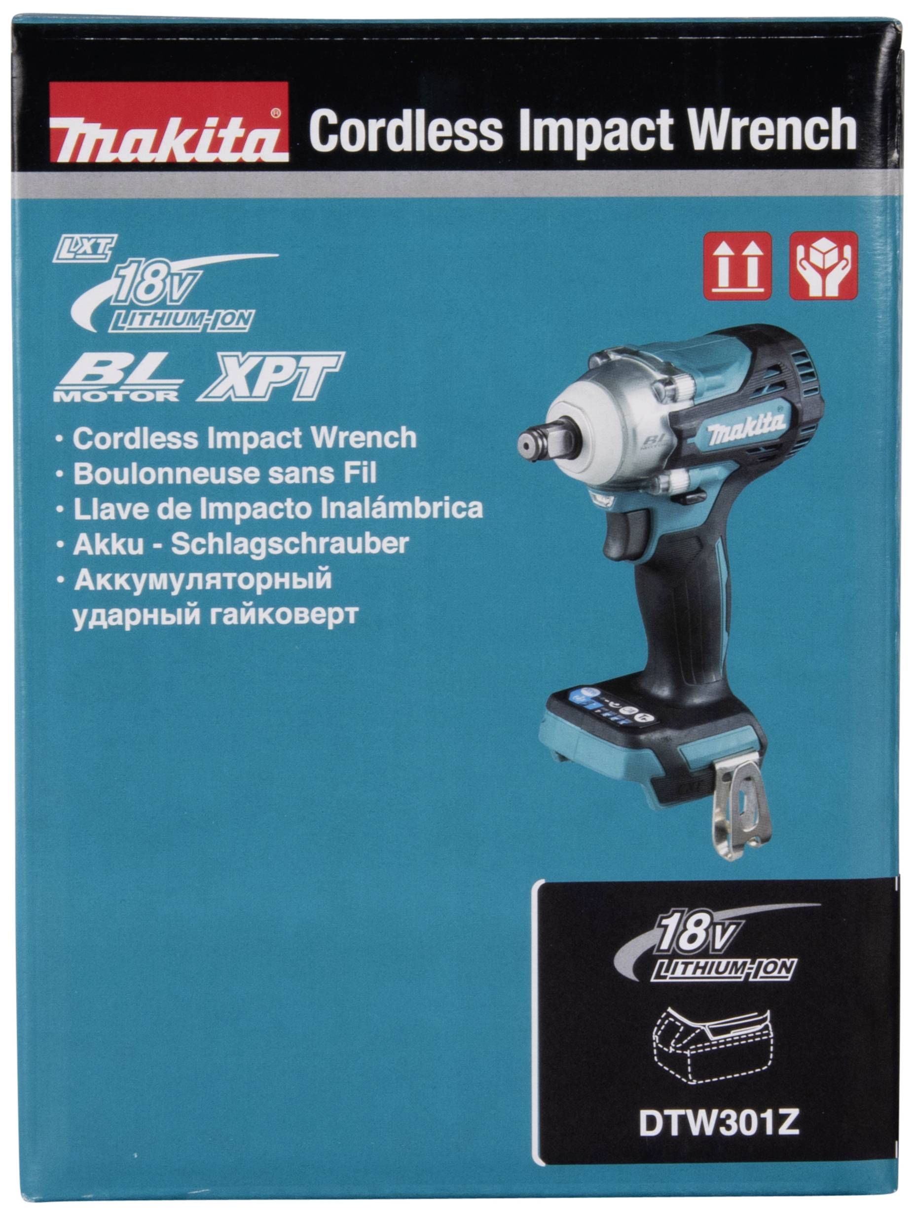 'Makita cordless impact driver' on the packaging, shows cordless driver with 18V, brushless motor and XPT technology, model DTW301Z.
