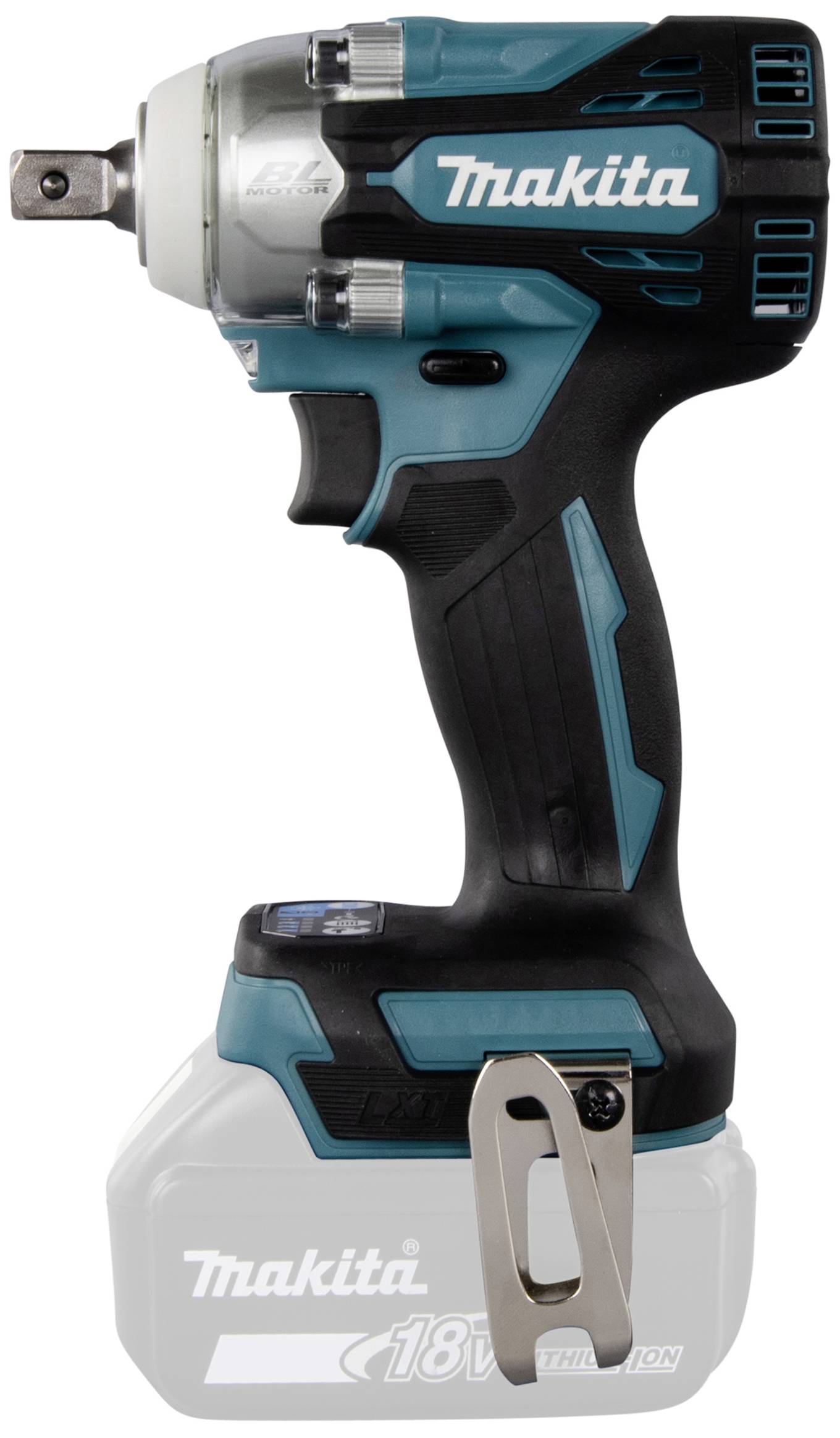 A Makita cordless impact driver in black and blue with a silver head, 18V, is positioned sideways. The brand logo is clearly visible.