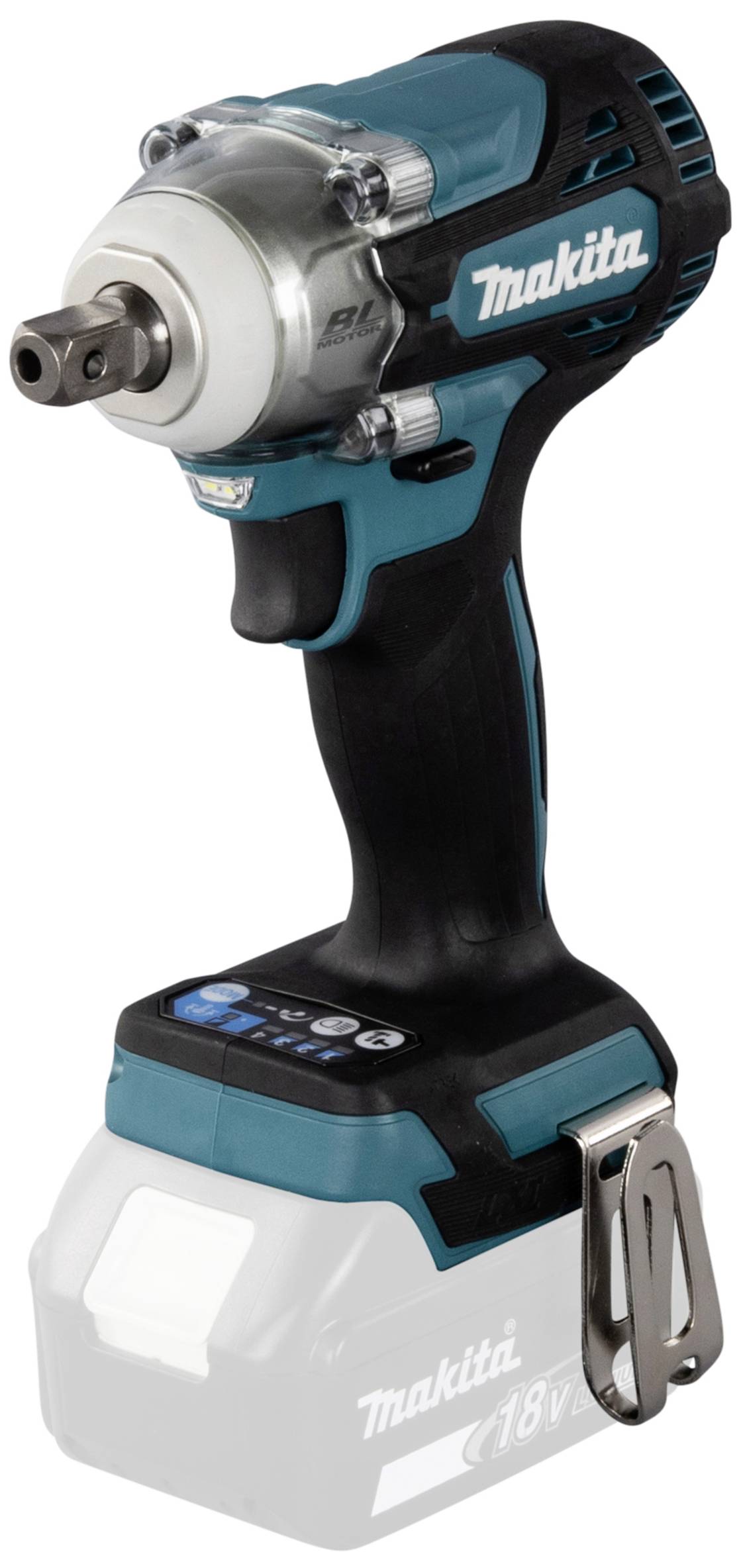 A cordless Makita impact driver with a blue-black casing, battery area clearly visible. Tool head facing left.