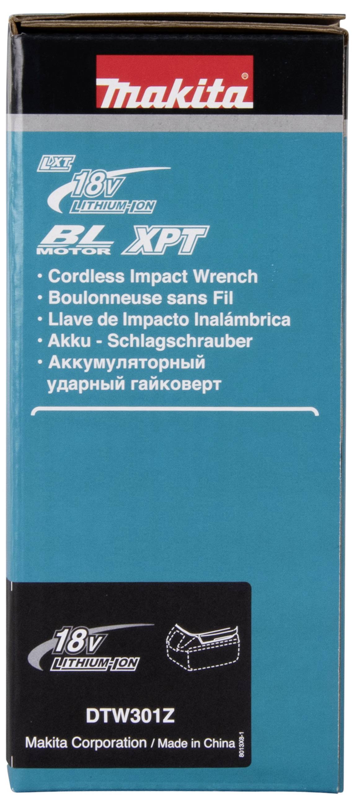 'Makita' packaging for a cordless impact driver, 18V Lithium-ion battery. Model number: DTW301Z. Multilingual labelling.