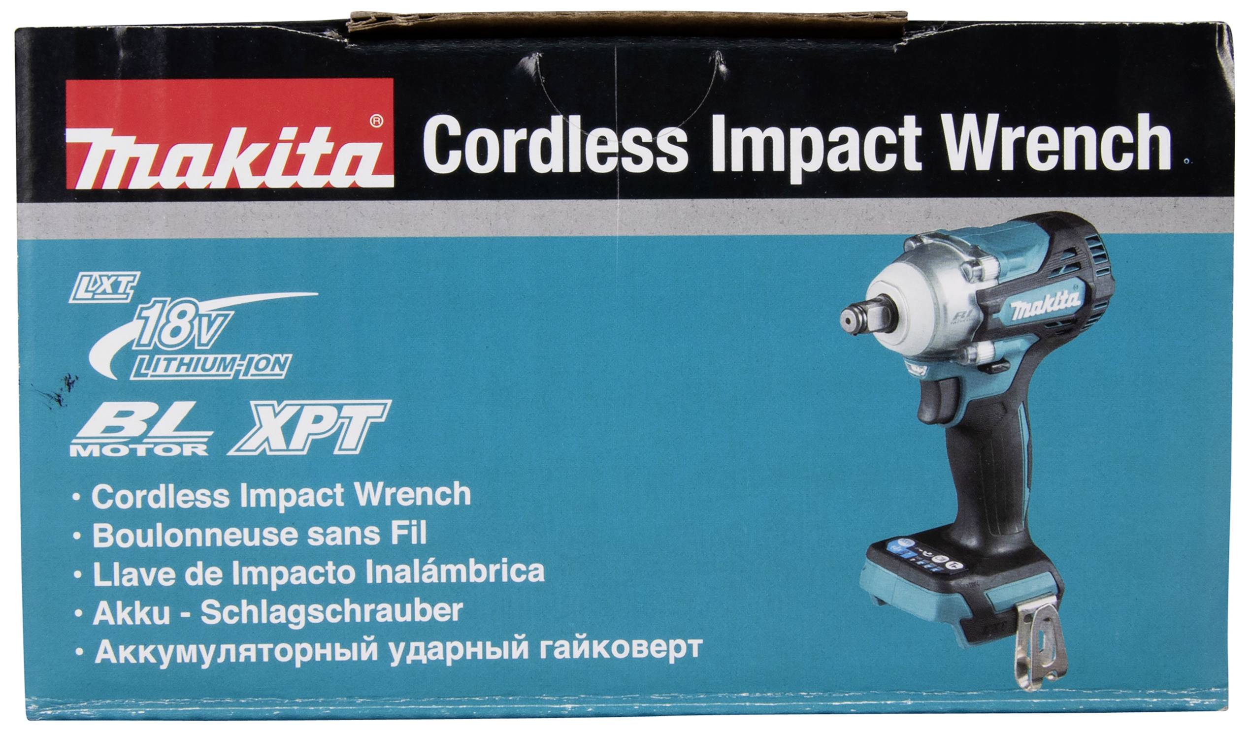 Packaging for a Makita cordless impact driver with LXT 18V and BL Motor. Text in multiple languages.