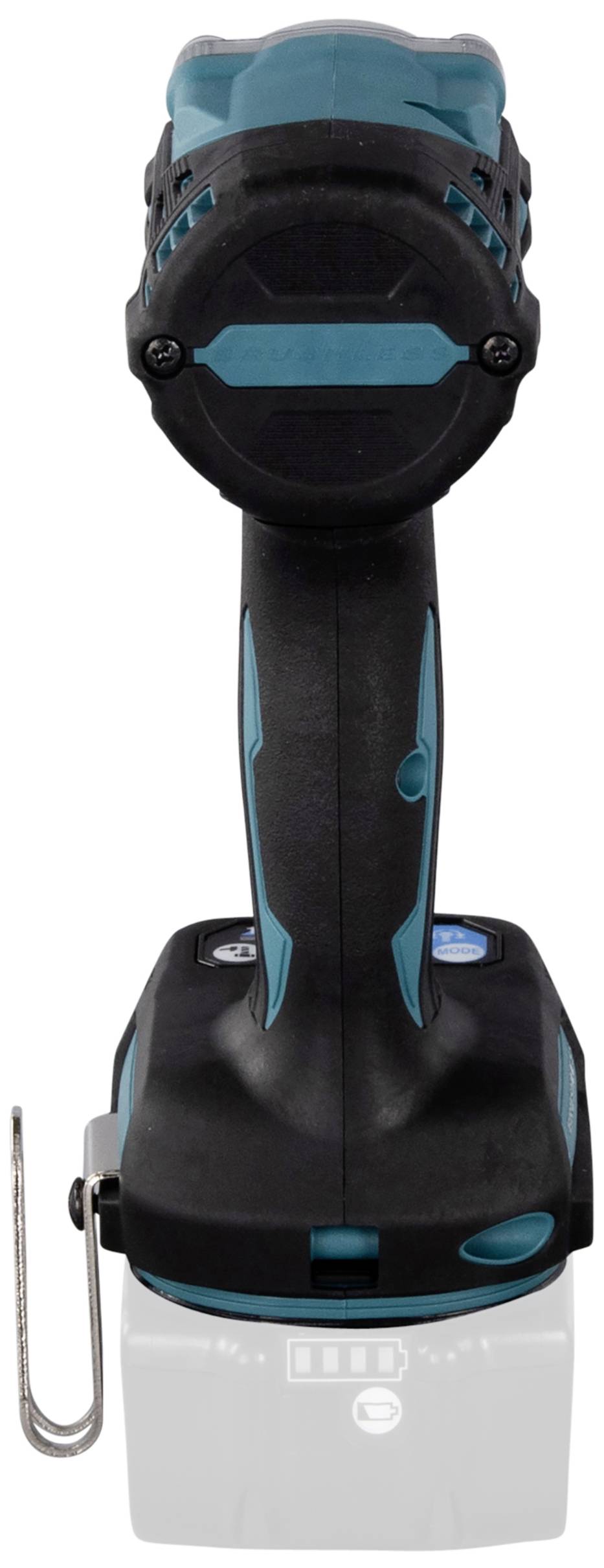 Cordless drill viewed from behind, showing a grip with a blue and black design and a metal hook on the side. No visible brand names.