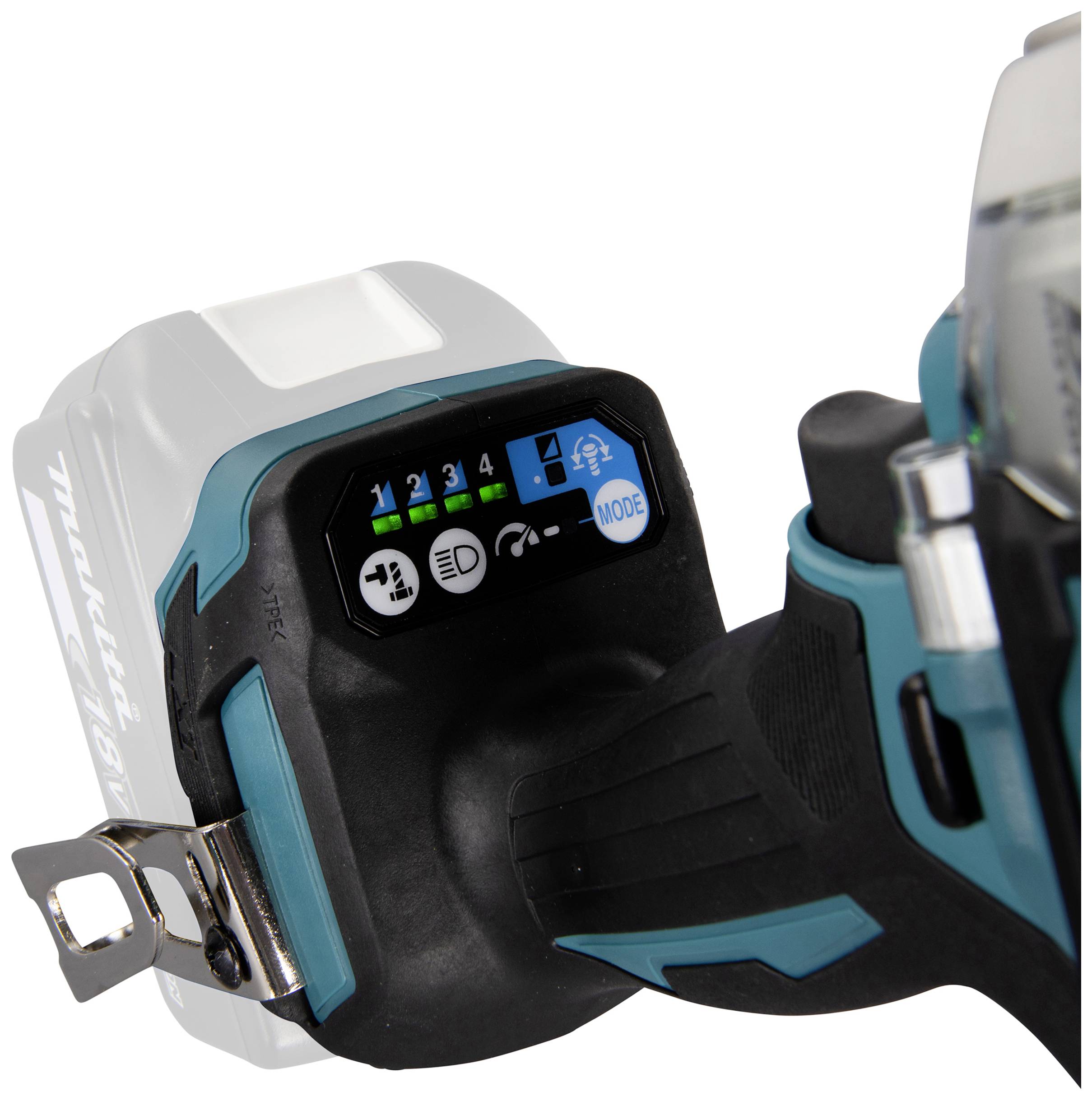 A drill driver with LED display shows the battery charge level and various modes.