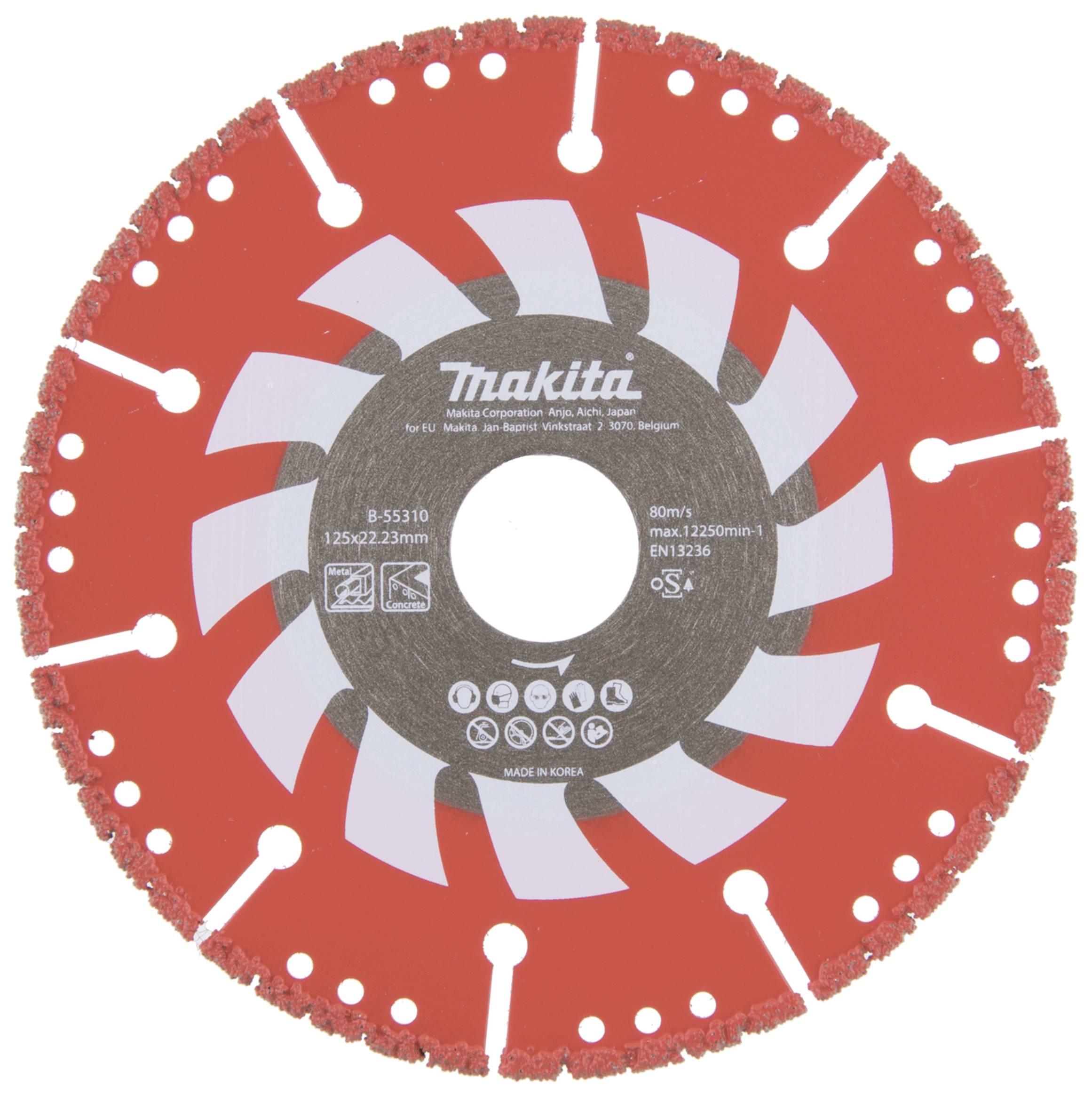 Red diamond cutting disc by Makita, 125x22.23 mm, suitable for stone processing and construction work, with white design elements.